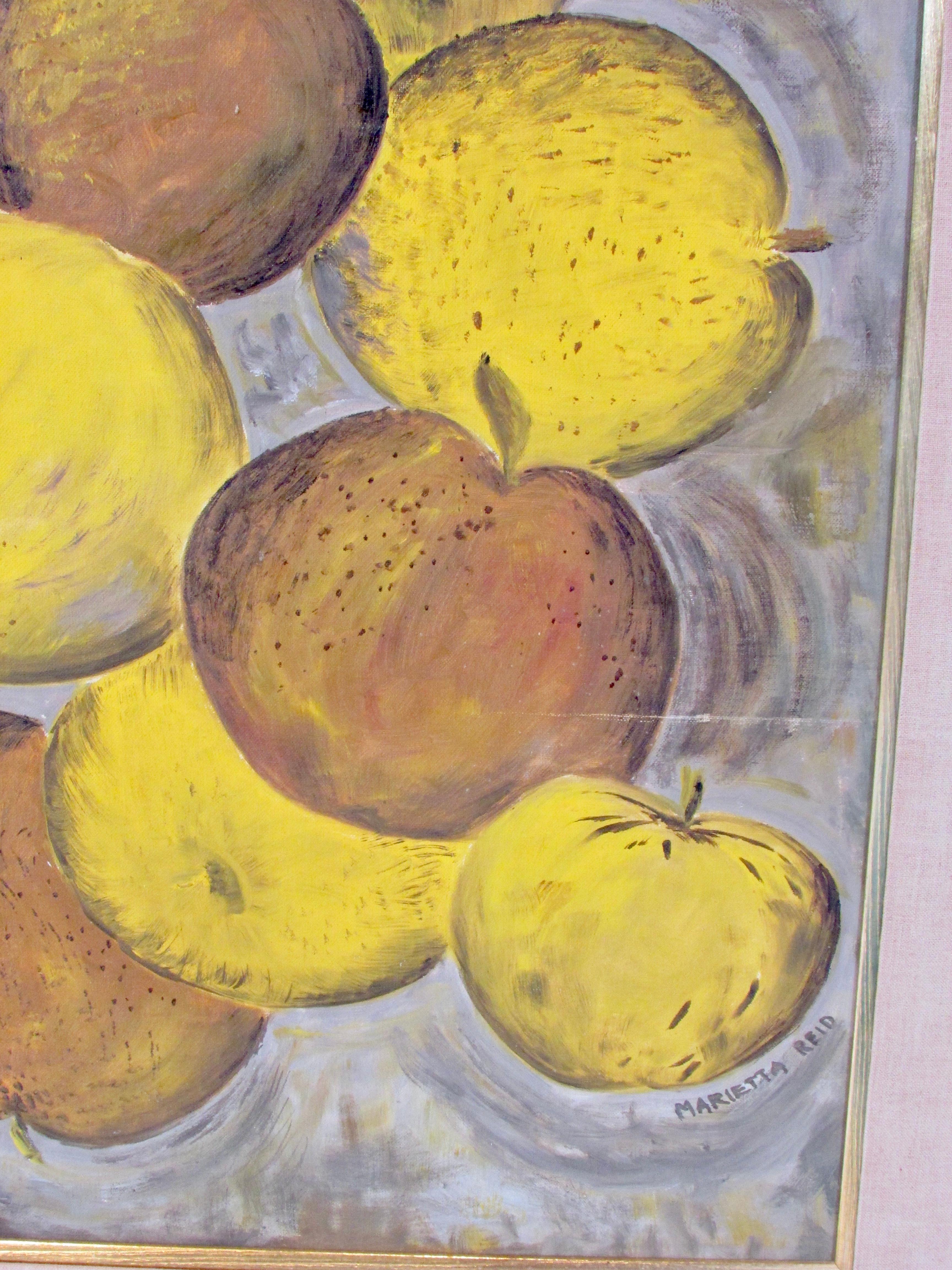 Pintura al óleo sobre tabla Fruta tirada Artista de Detroit Marietta Reid Pintado a mano en venta