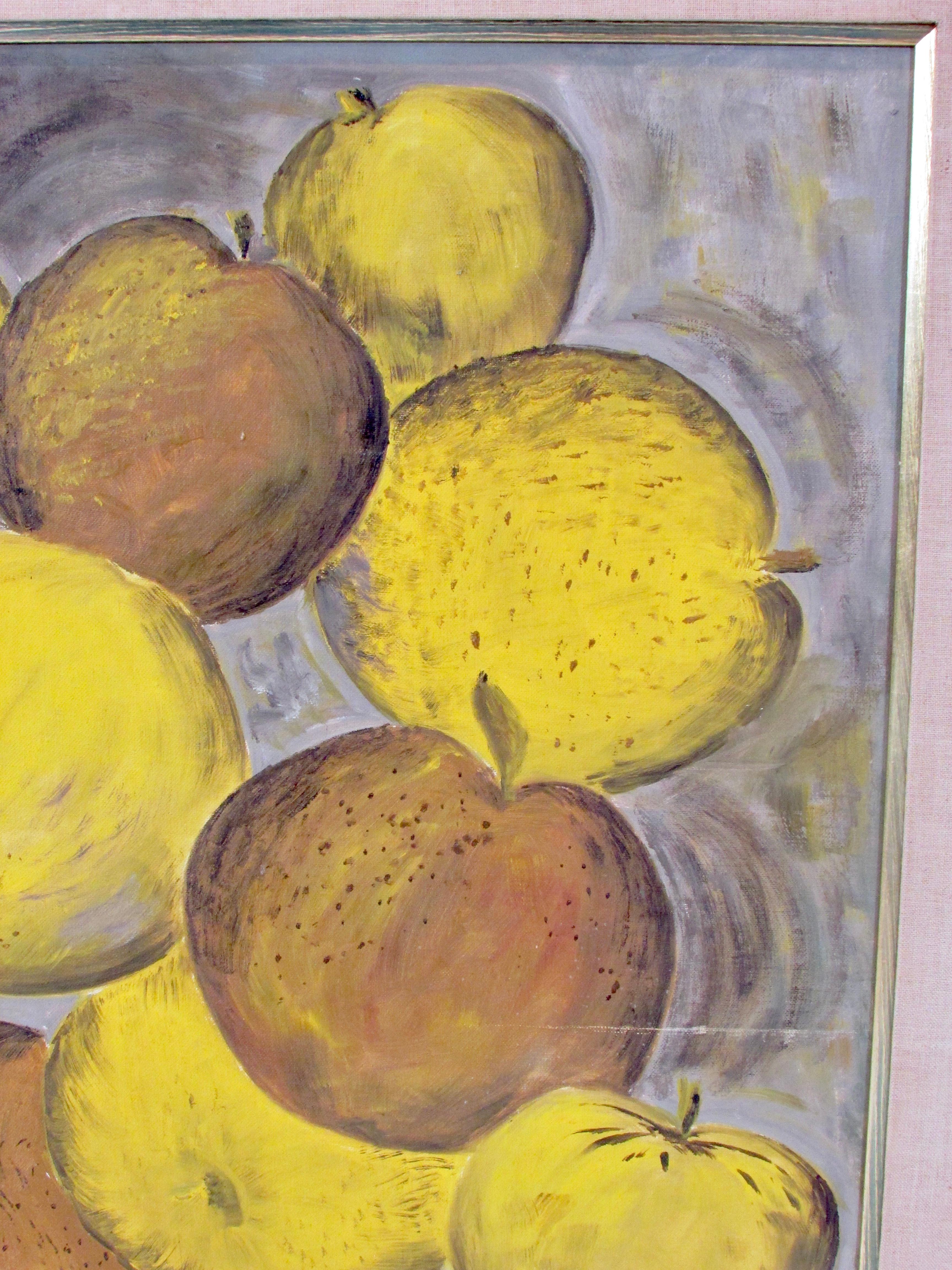 Oil on Board Painting Tossed Fruit Detroit Artist Marietta Reid In Good Condition For Sale In Ferndale, MI