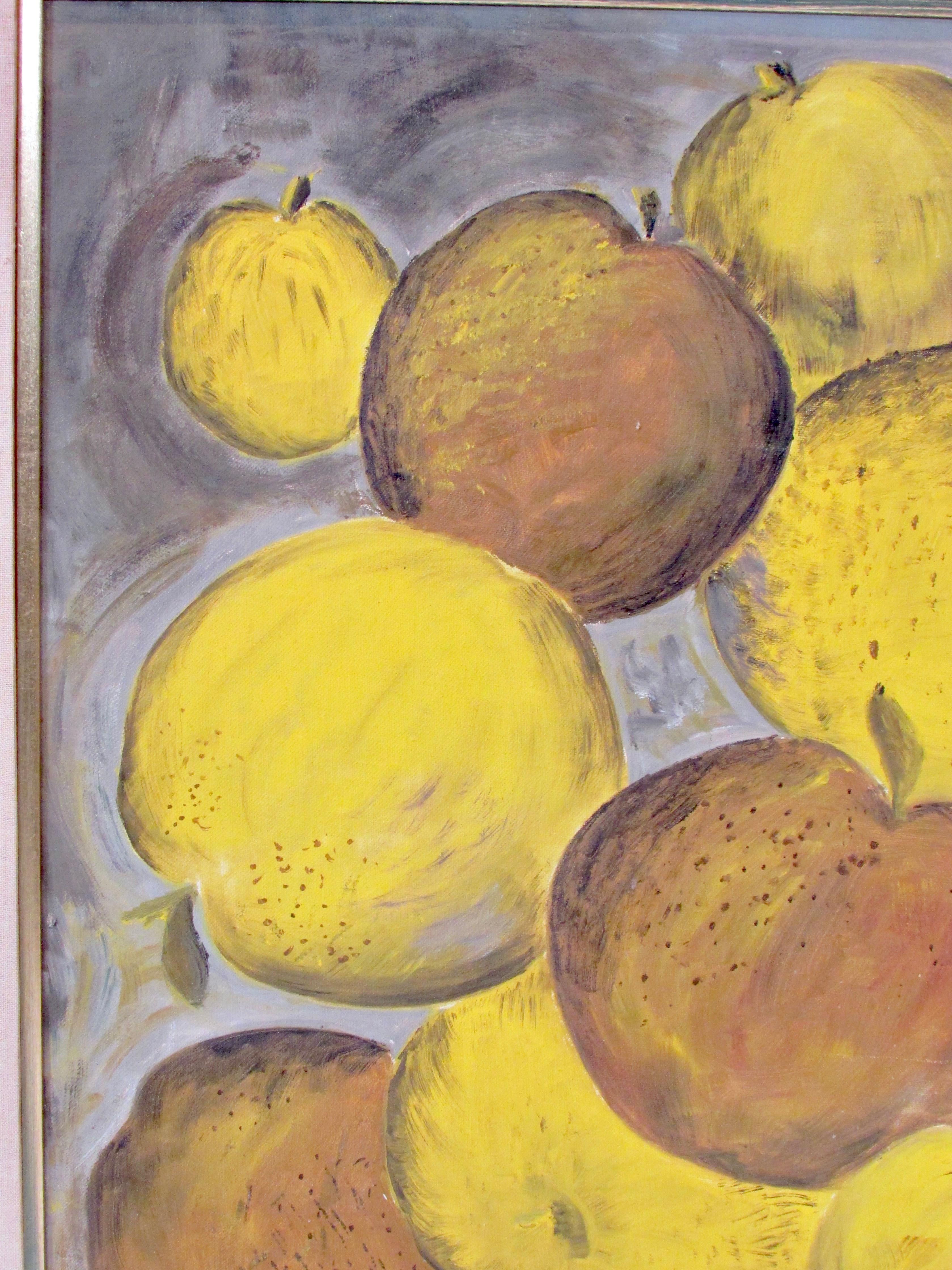 20th Century Oil on Board Painting Tossed Fruit Detroit Artist Marietta Reid For Sale