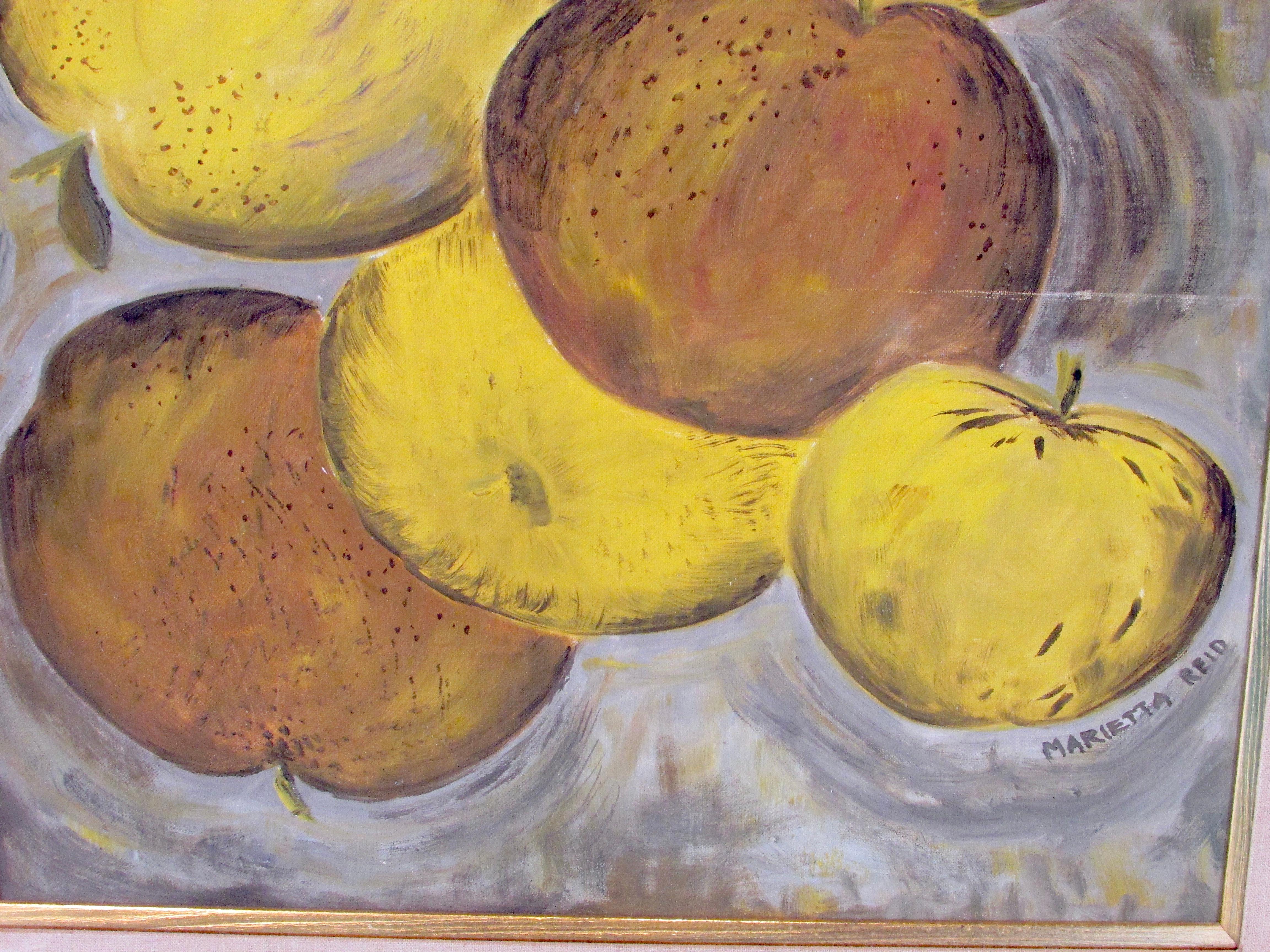 Masonite Oil on Board Painting Tossed Fruit Detroit Artist Marietta Reid For Sale