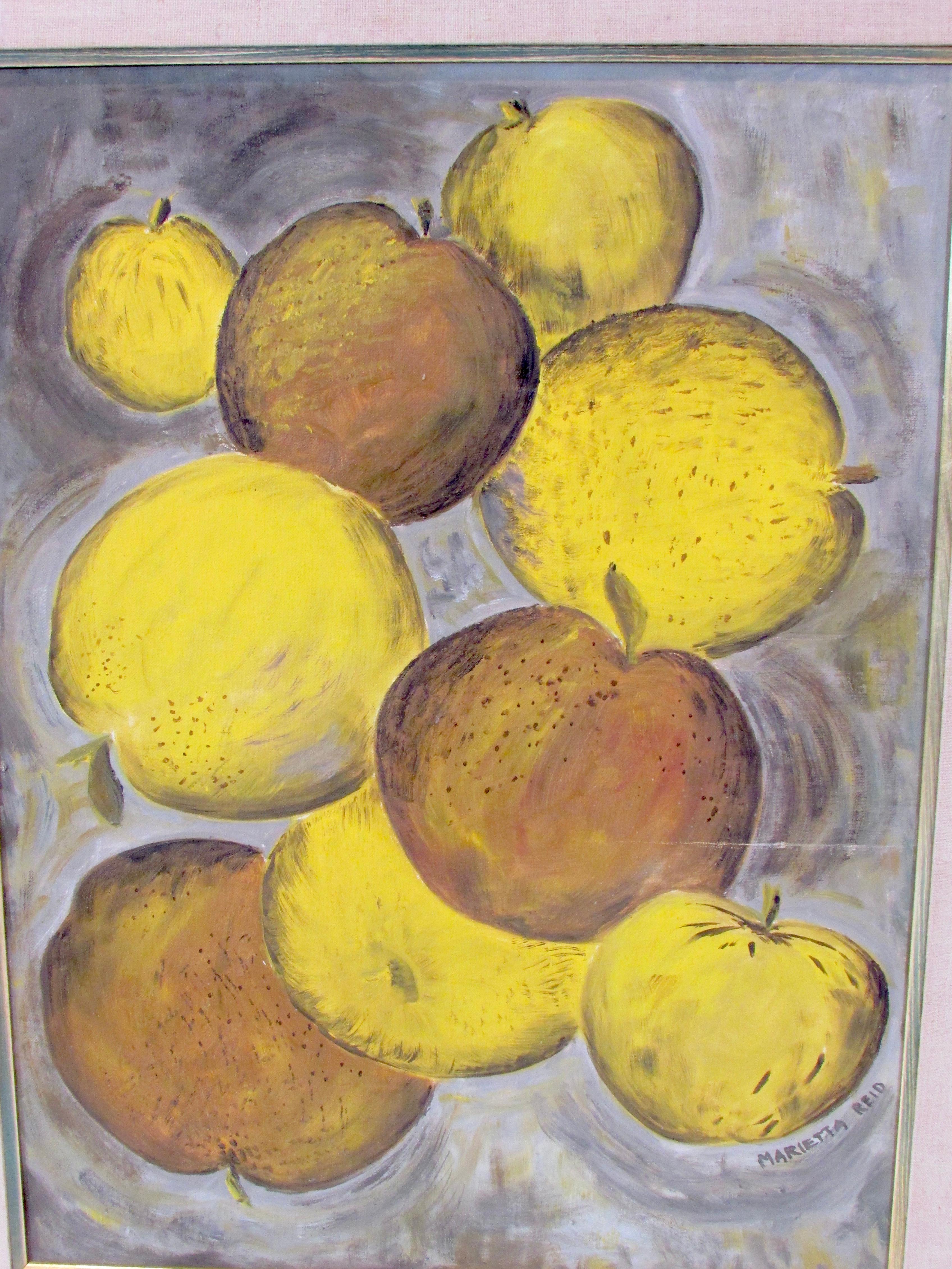 Oil on Board Painting Tossed Fruit Detroit Artist Marietta Reid For Sale 1