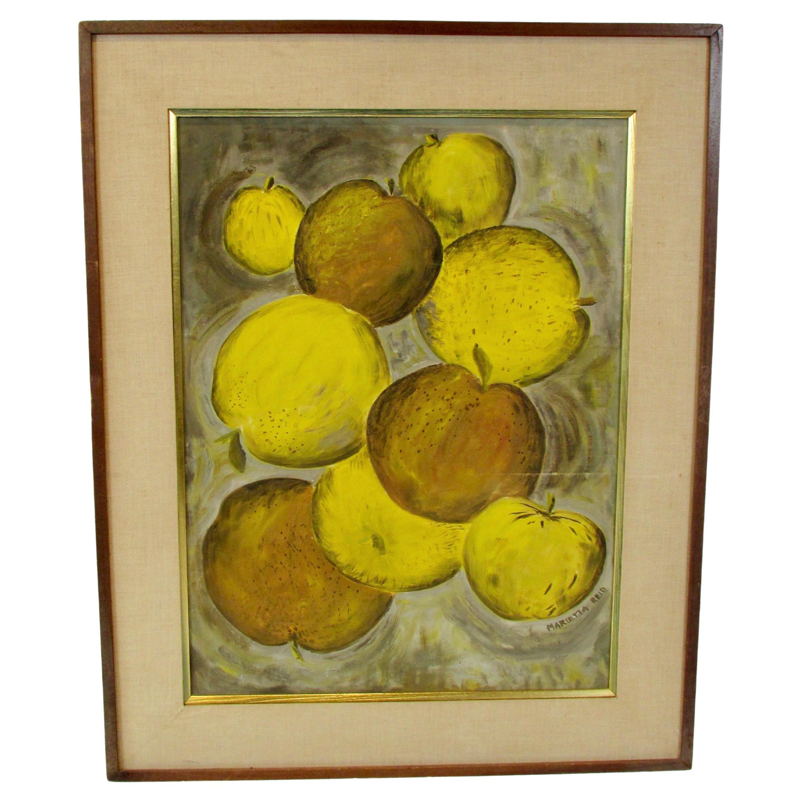 Oil on Board Painting Tossed Fruit Detroit Artist Marietta Reid For Sale