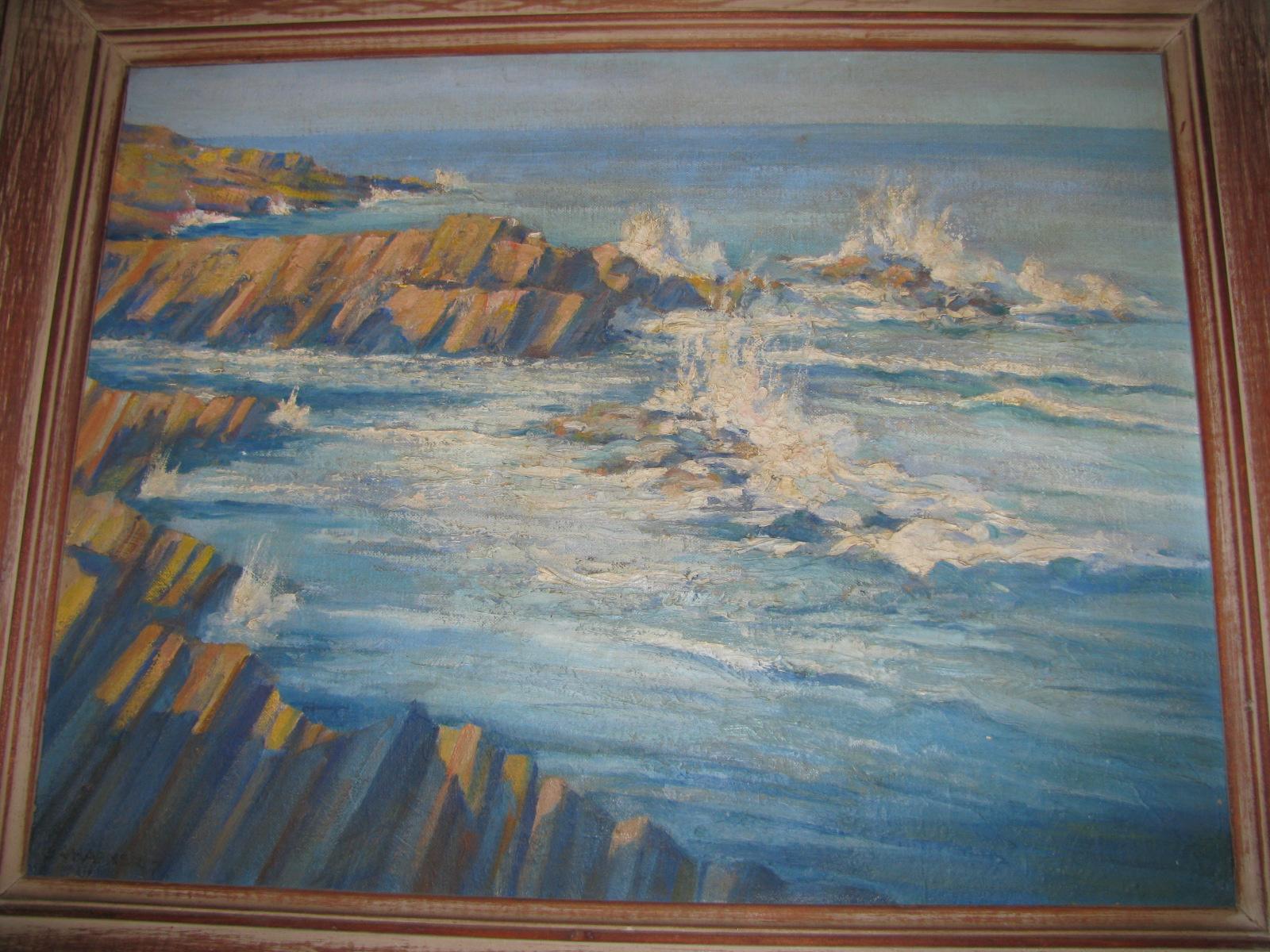 Fabulous painting of Ogunquit Maine by Charles Andrew Hafner titled Late Afternoon. Scene depicts water crashing on the cubist and unique set of rocks on the Ogunquit shore. Painting size is 17.75 x 13.75 in its original frame. Framed size is 23.25