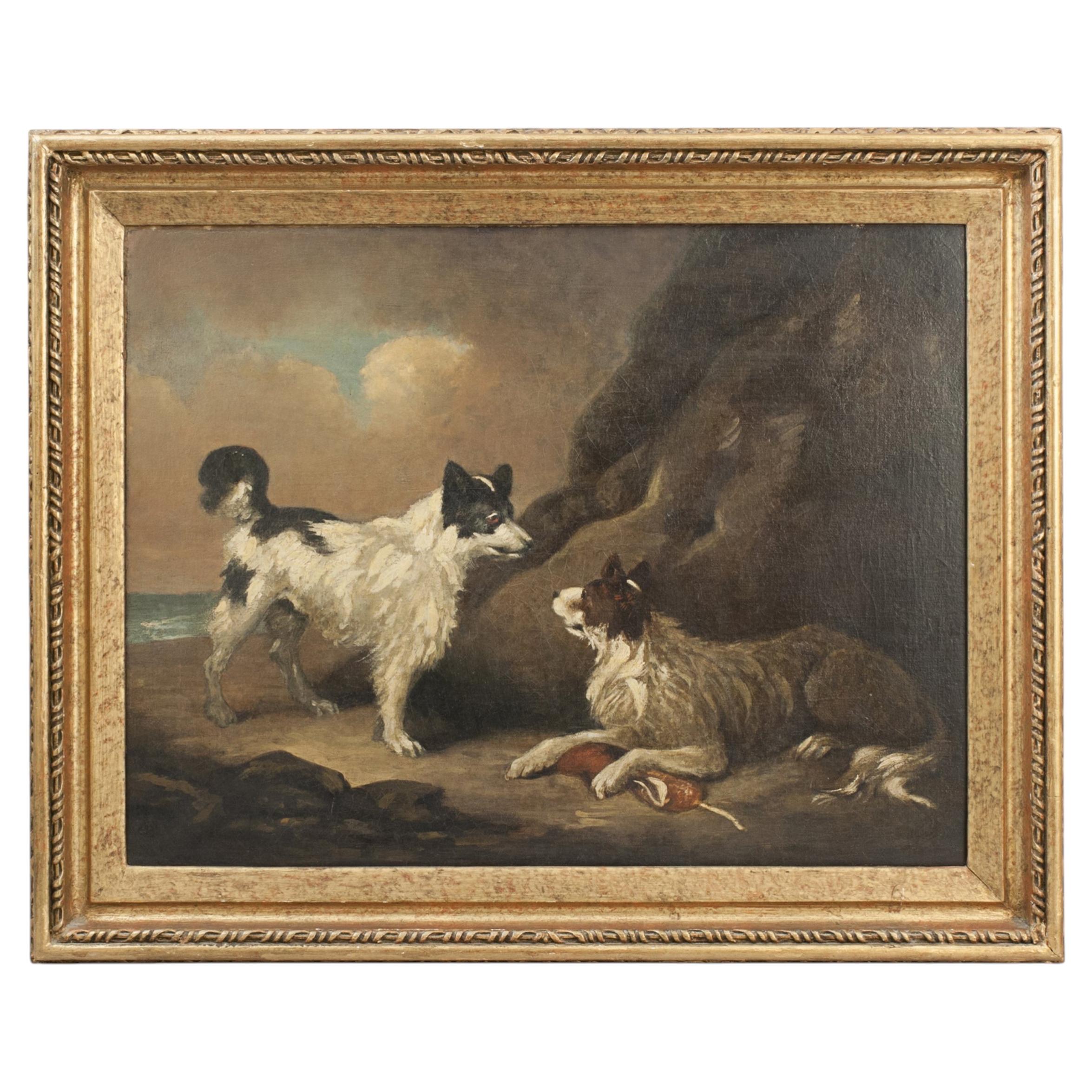 Huile sur carton, « Deux chiens » d'après G. Moreland en vente