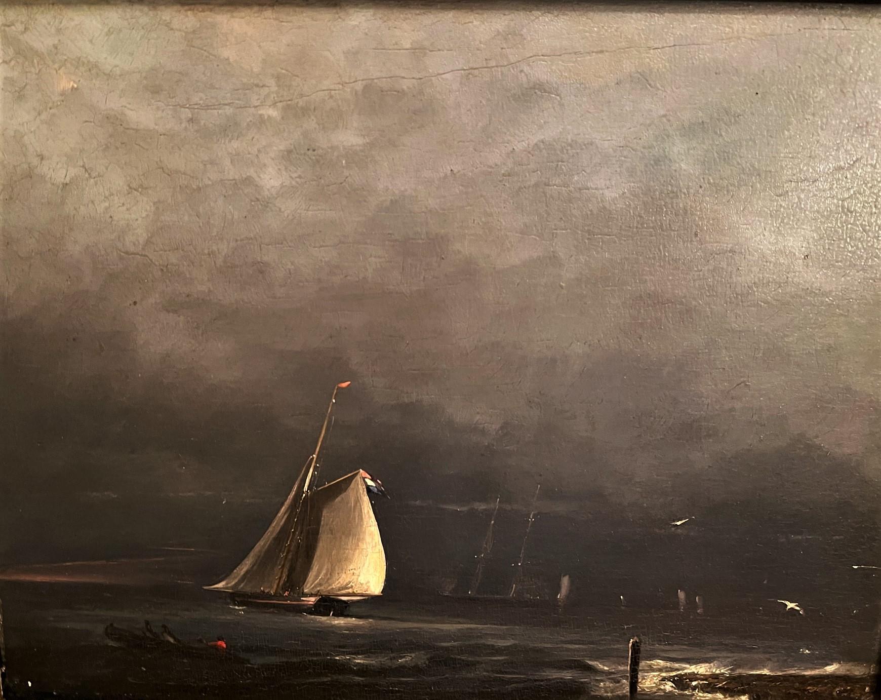 This eye-catching marine painting depicts a sailboat in a stormy sea, probably during a race off the coast of Brittany or Normandy. The dark, menacing sky is beautifully painted as is the boat itself. The small rowboat in the foreground appears to