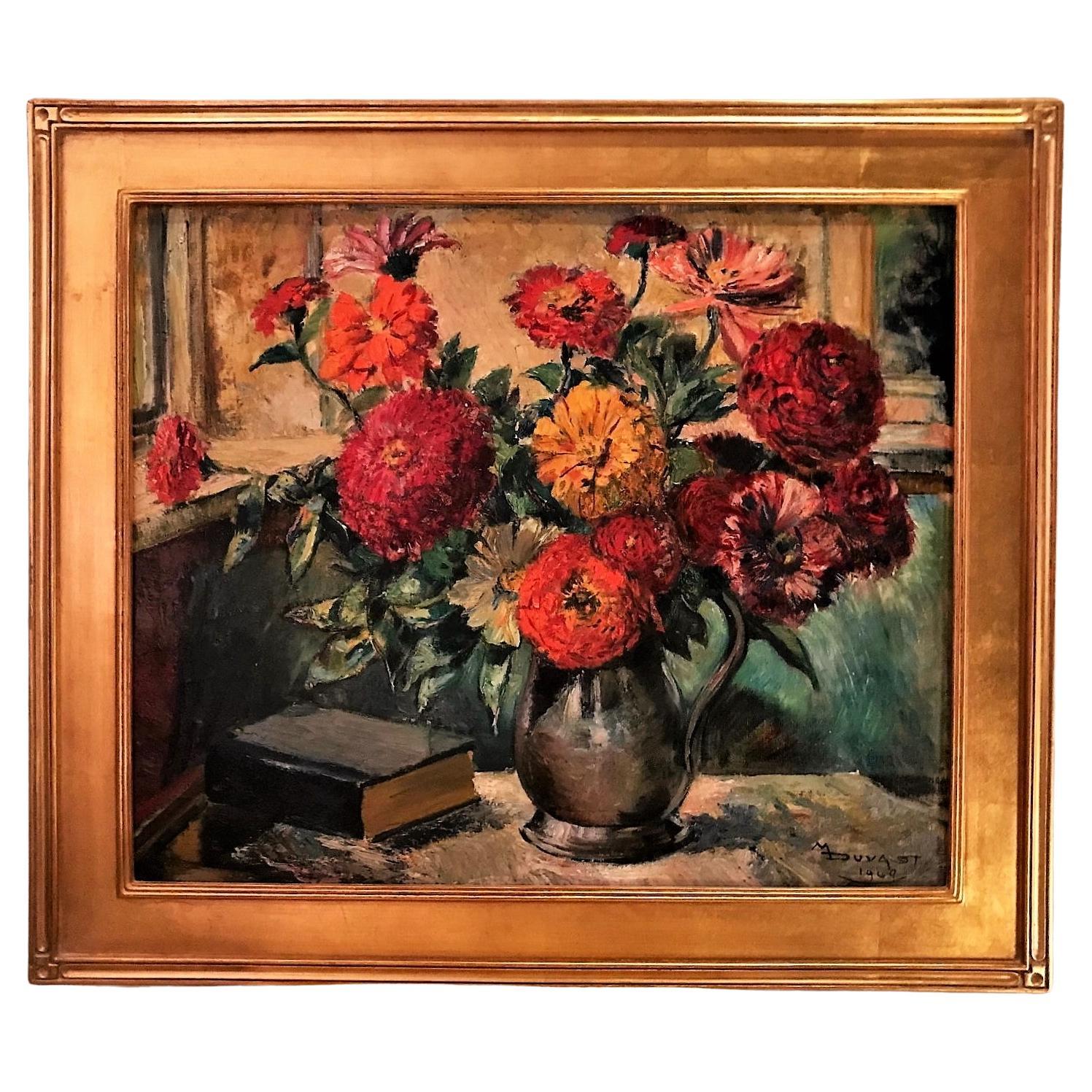 Oil on Board, "Zinnias in a Pewter Pitcher",  Maurice Duvalet (1893-1971), 1949 For Sale