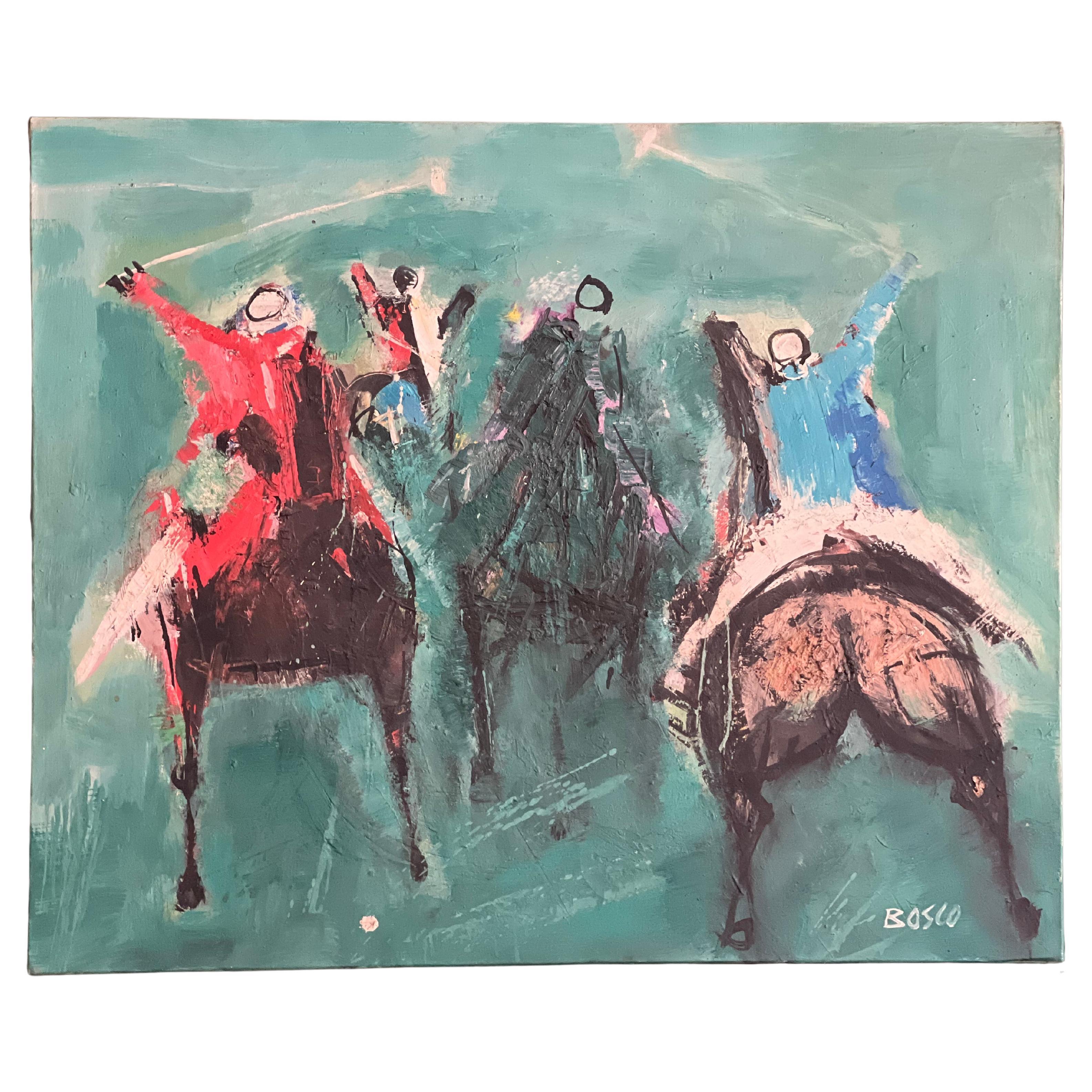 Jeu de polo à l'huile sur toile de Pierre Bosco-Circa 1960