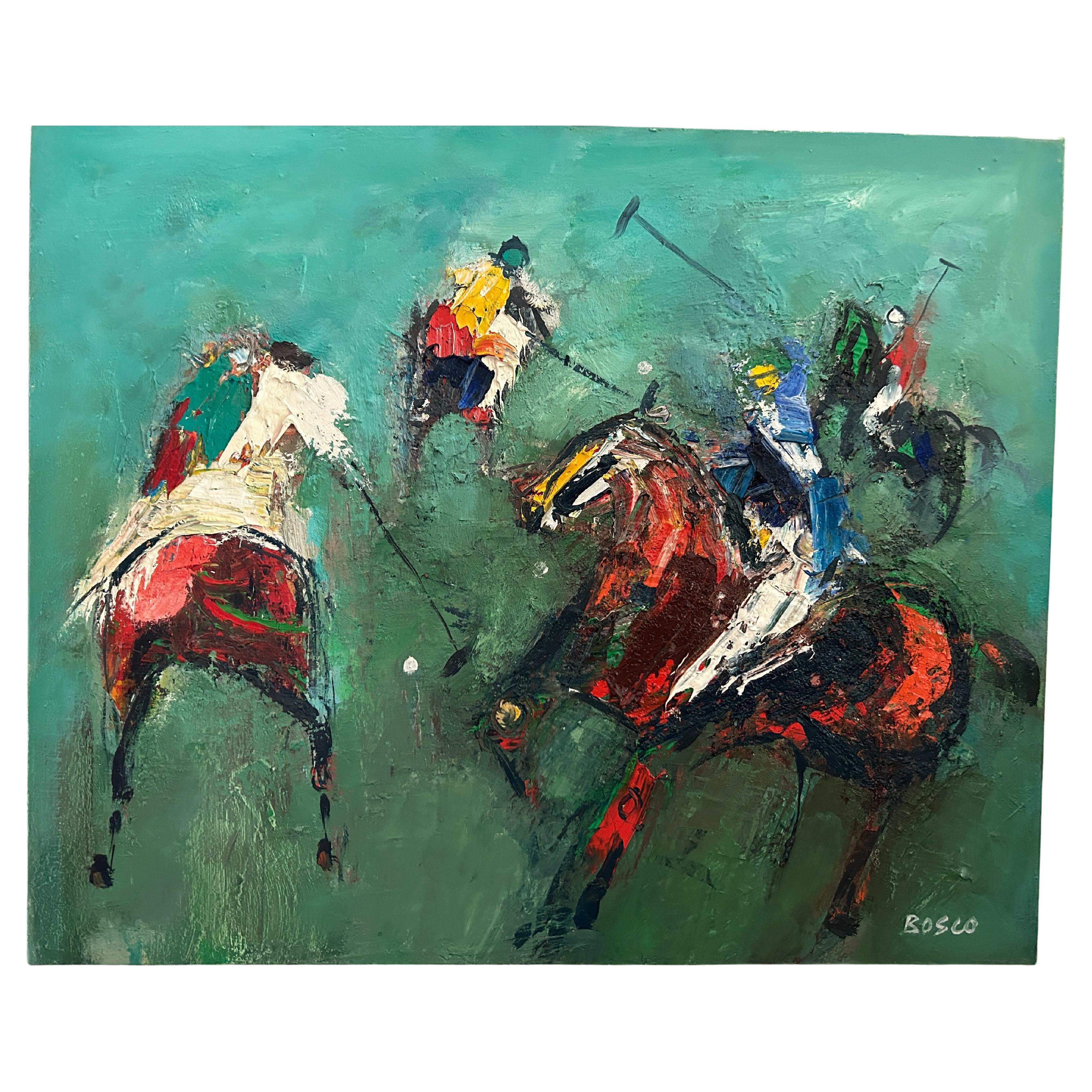Jeu de polo à l'huile sur toile de Pierre Bosco-Circa 1960 en vente