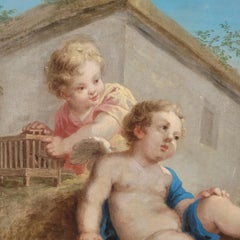 Oil On Canvas, 152 X 88 Cm, Putti Playing With Birds, Early 19th Century