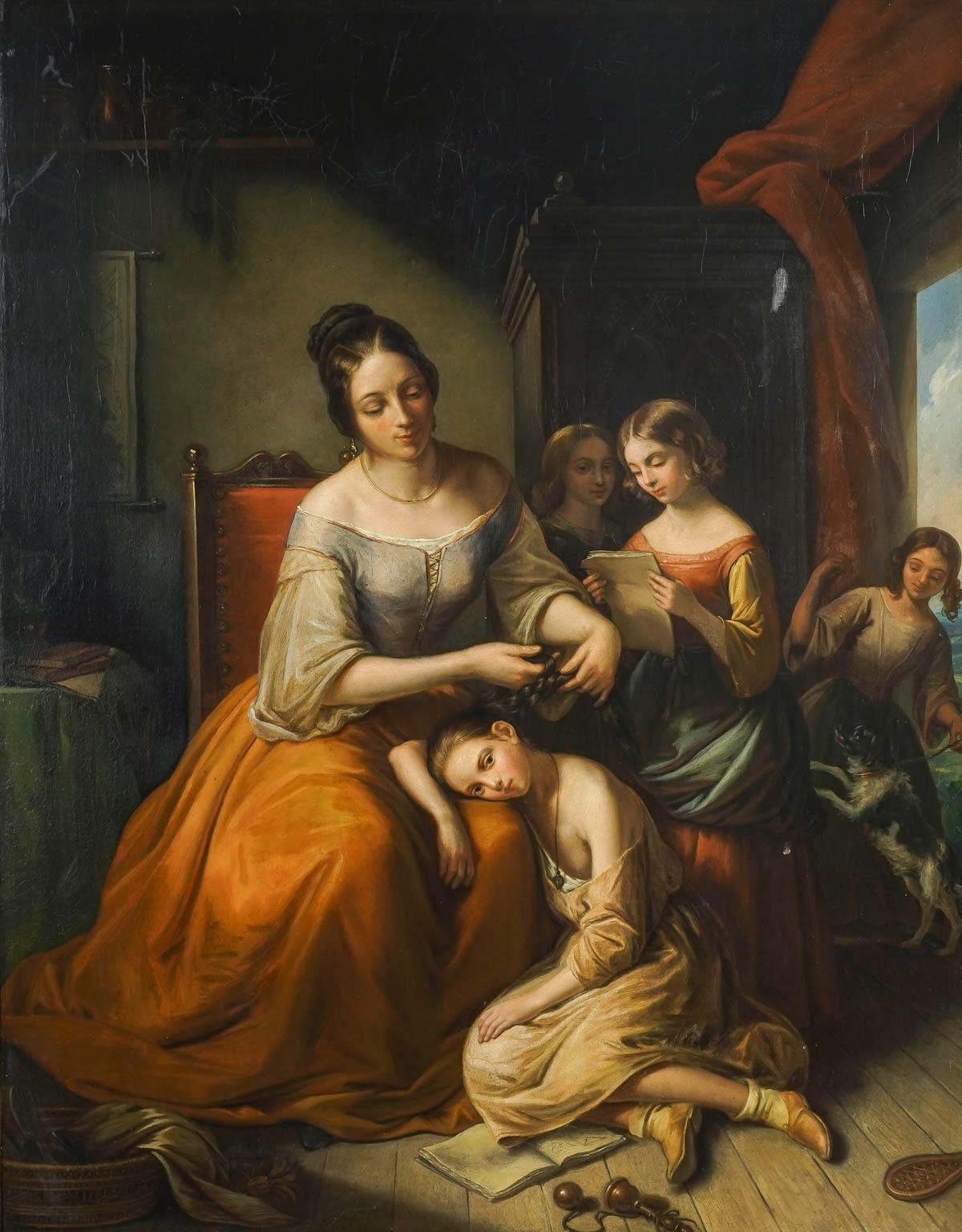Oil on canvas, 19th century, Napoleon III period.

Oil on canvas, beautiful 19th century painting representing an interior scene of a mother with her daughters, Napoleon III period, nice period wood and gilded stucco frame.  
Canvas: h: 88cm, w: