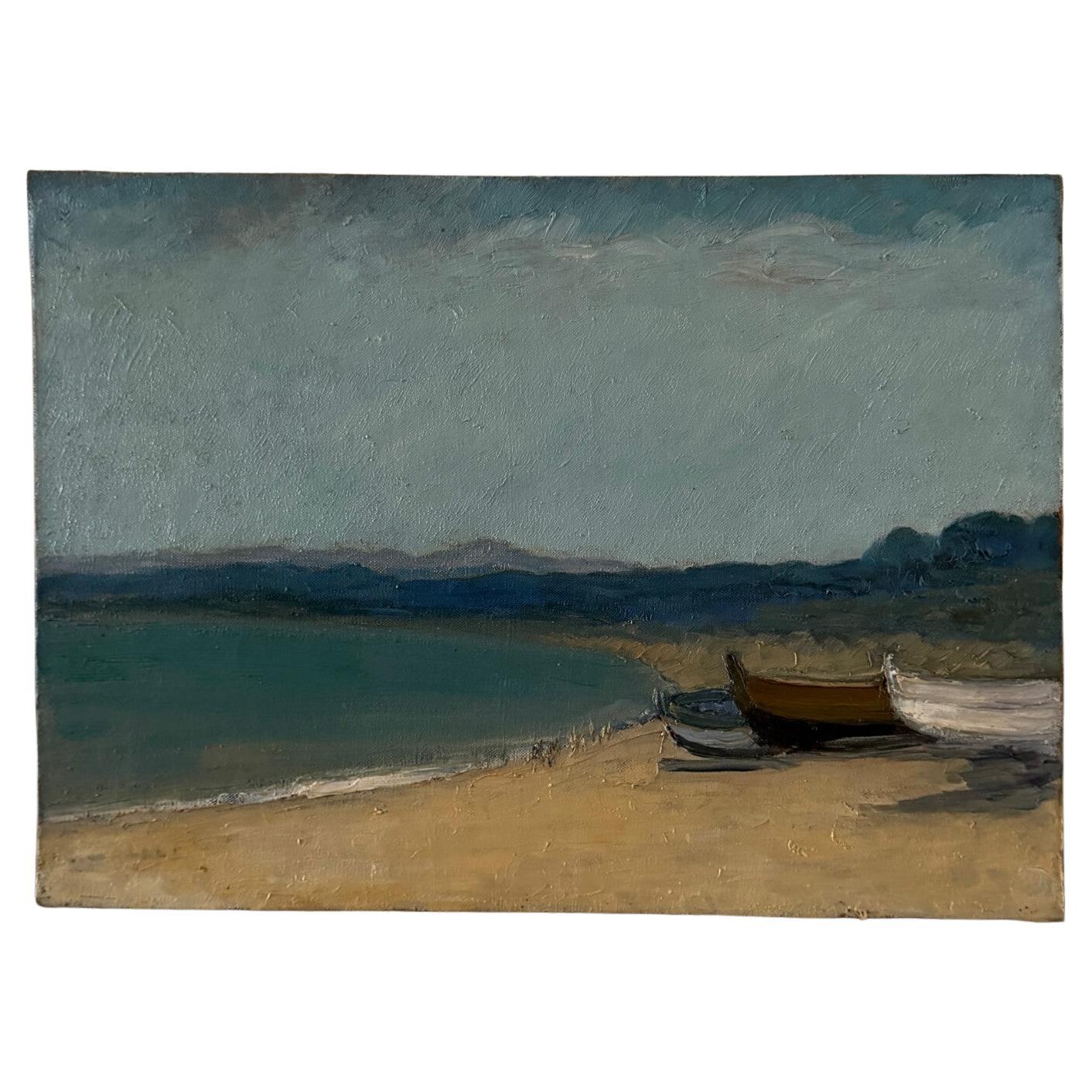 Oil on Canvas, 20th Century, Beach and Fishing Boats by G. Carlos For Sale