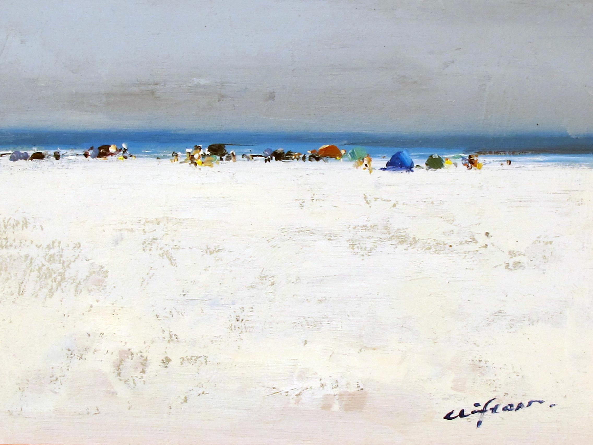 Oil on canvas; a serene impressionist beach scene painting with brightly-colored umbrellas; signed 'Clifton'; painted overall in the impasto technique using heavy brushstrokes to reflect the light of the wide sandy beach with brightly colored