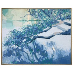 Oil on Canvas, a Serene Landscape Painting of a Tree Branch at Water's Edge