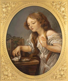 Oil on Canvas, a Young Girl with her Bird, 19th Century, Napoleon III Period.