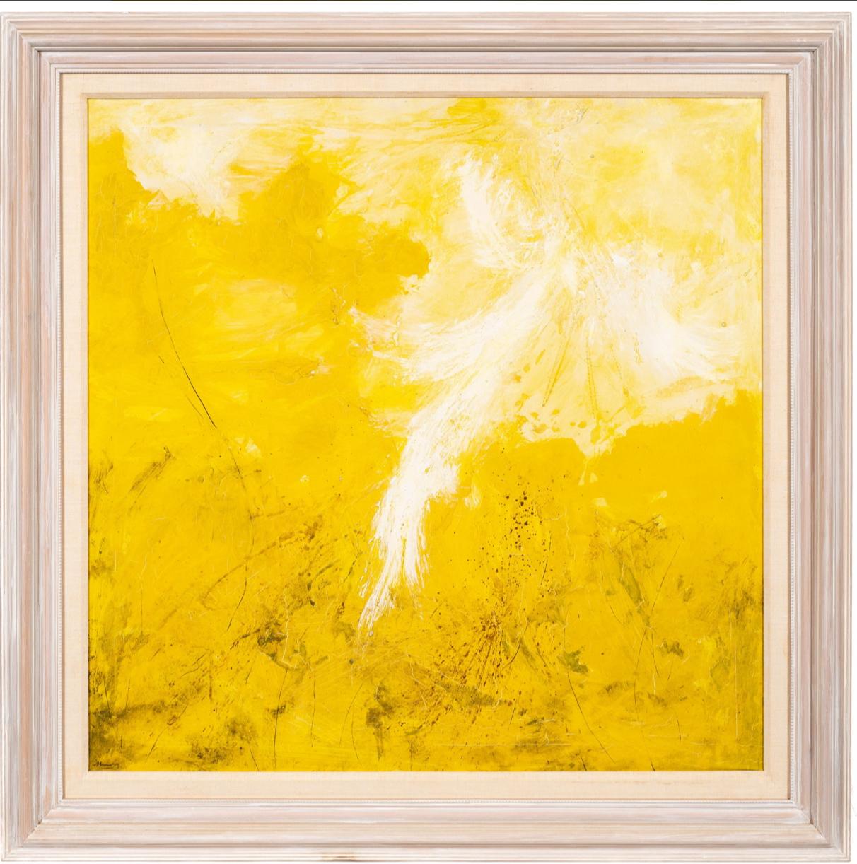 Tecnica eccellente e soggetto astratto con olio su tela. Il giallo e il bianco sono i colori primari, con punte di nero, grigio e marrone. Incorniciato in una cornice in legno di quercia cerata con una stuoia in lino su legno. Firmato in modo