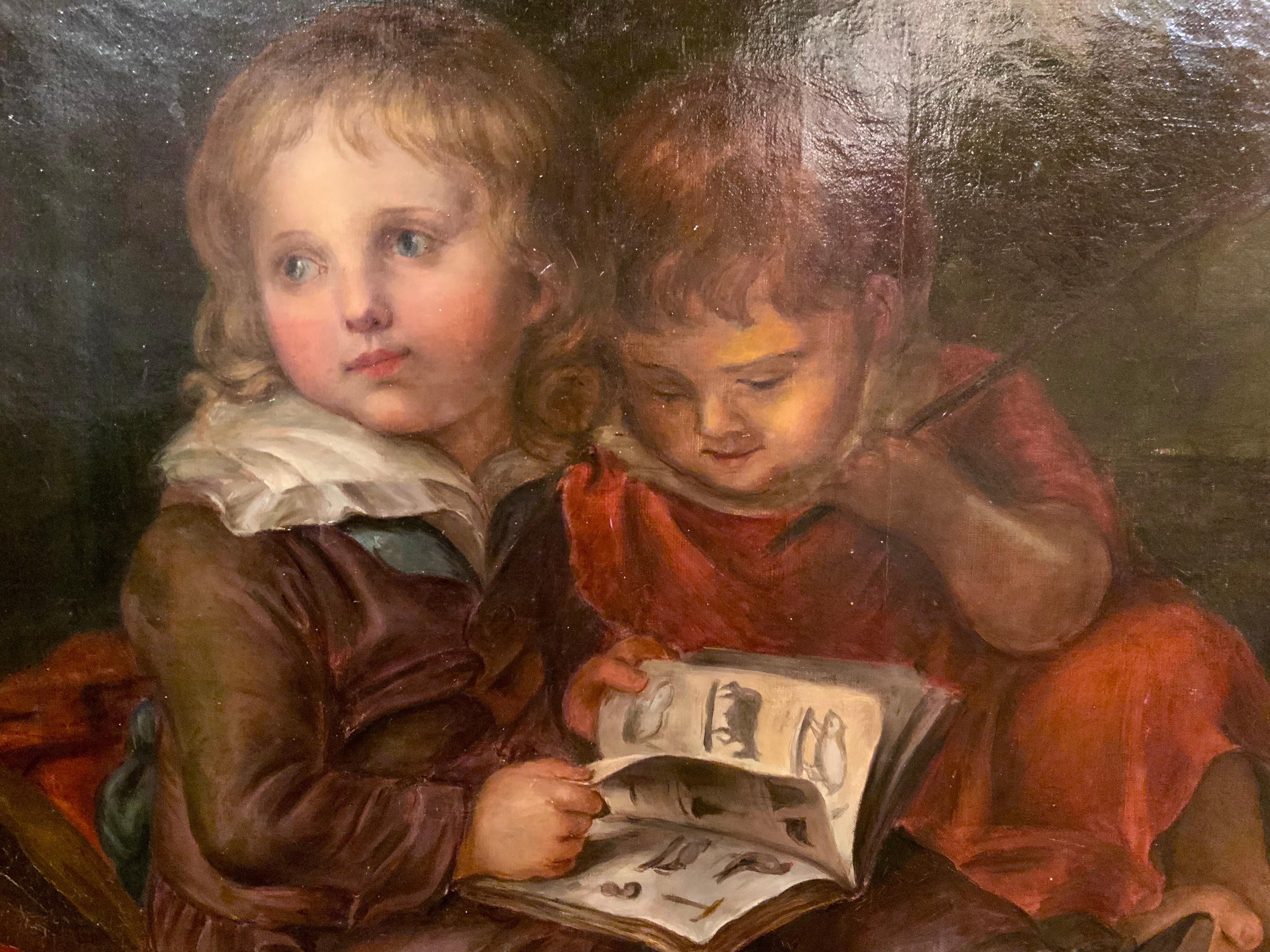 Ölgemälde auf Leinwand nach Christian Leborechet Vogel, zwei Kinder beim Lesen, Öl (Deutsch) im Angebot