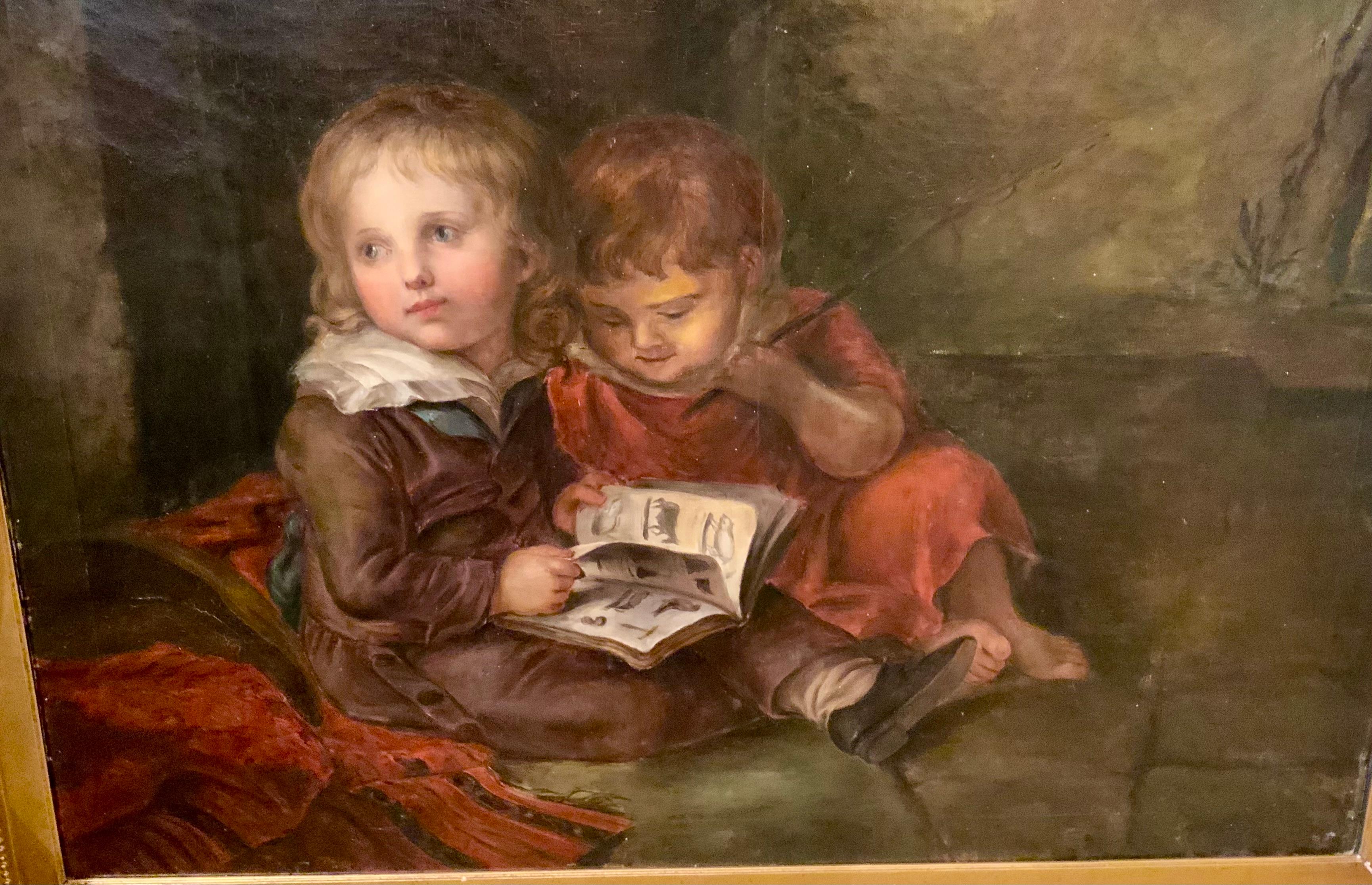 Ölgemälde auf Leinwand nach Christian Leborechet Vogel, zwei Kinder beim Lesen, Öl (19. Jahrhundert) im Angebot