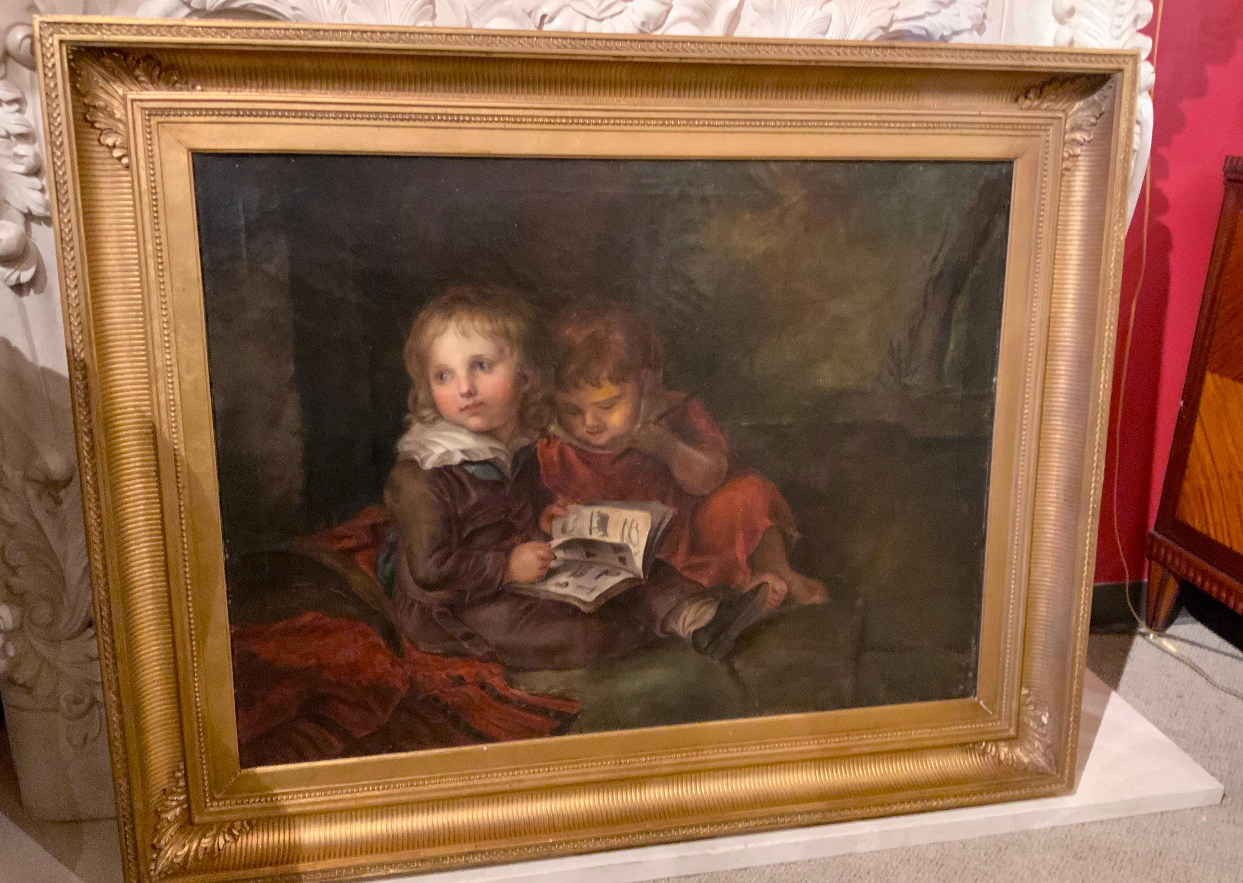 Ölgemälde auf Leinwand nach Christian Leborechet Vogel, zwei Kinder beim Lesen, Öl (Farbe) im Angebot