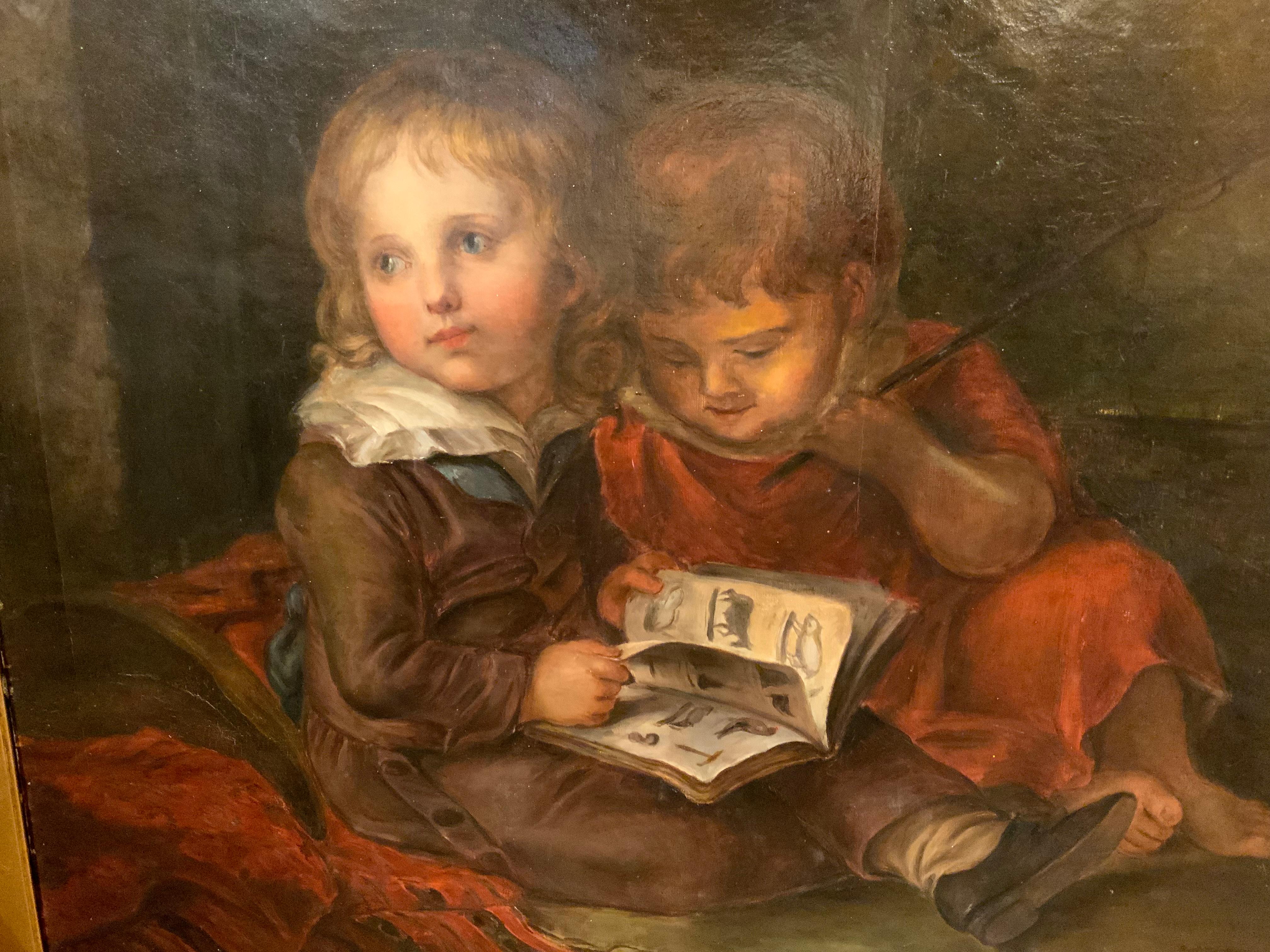 Ölgemälde auf Leinwand nach Christian Leborechet Vogel, zwei Kinder beim Lesen, Öl im Angebot 1