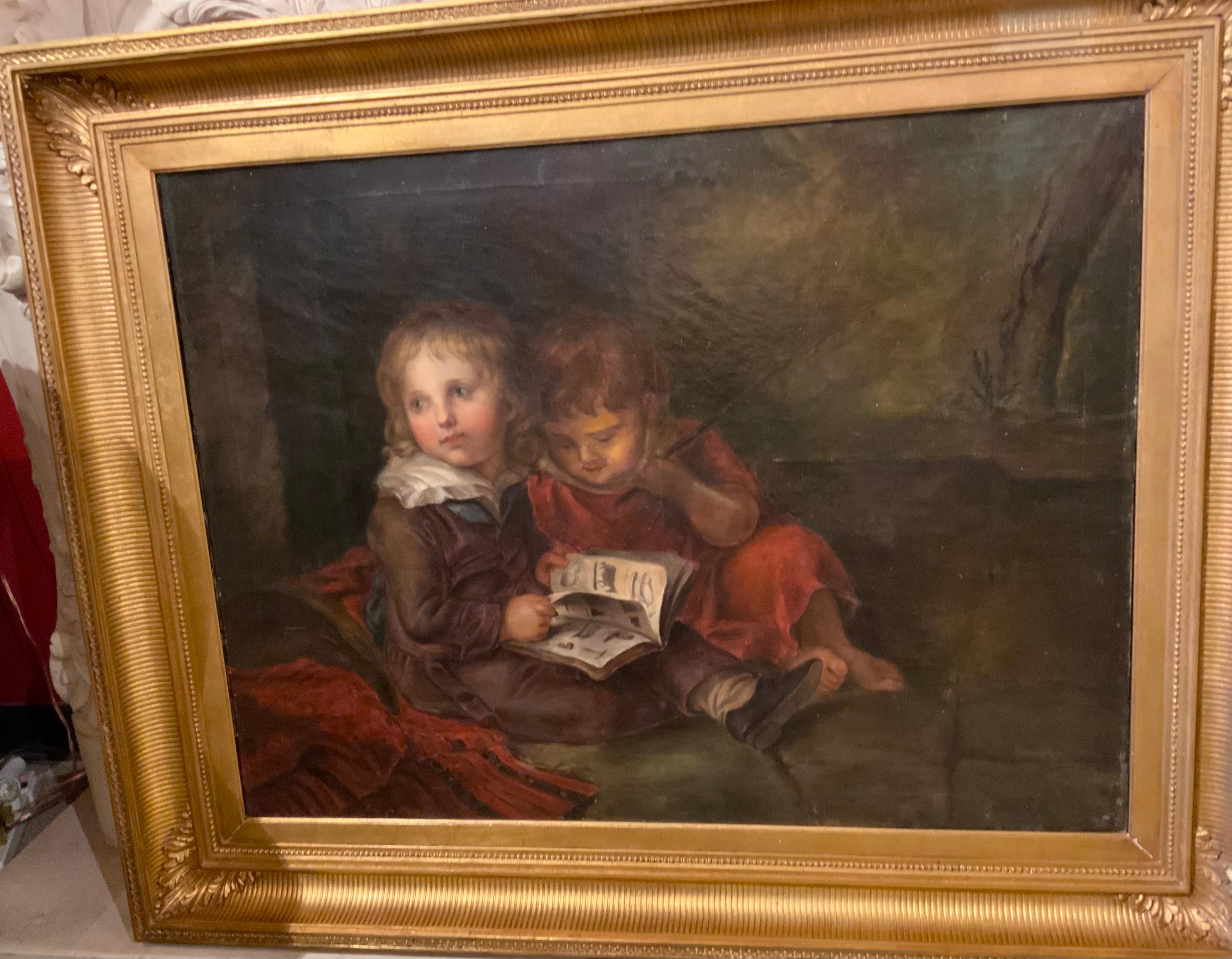 Ölgemälde auf Leinwand nach Christian Leborechet Vogel, zwei Kinder beim Lesen, Öl im Angebot 2