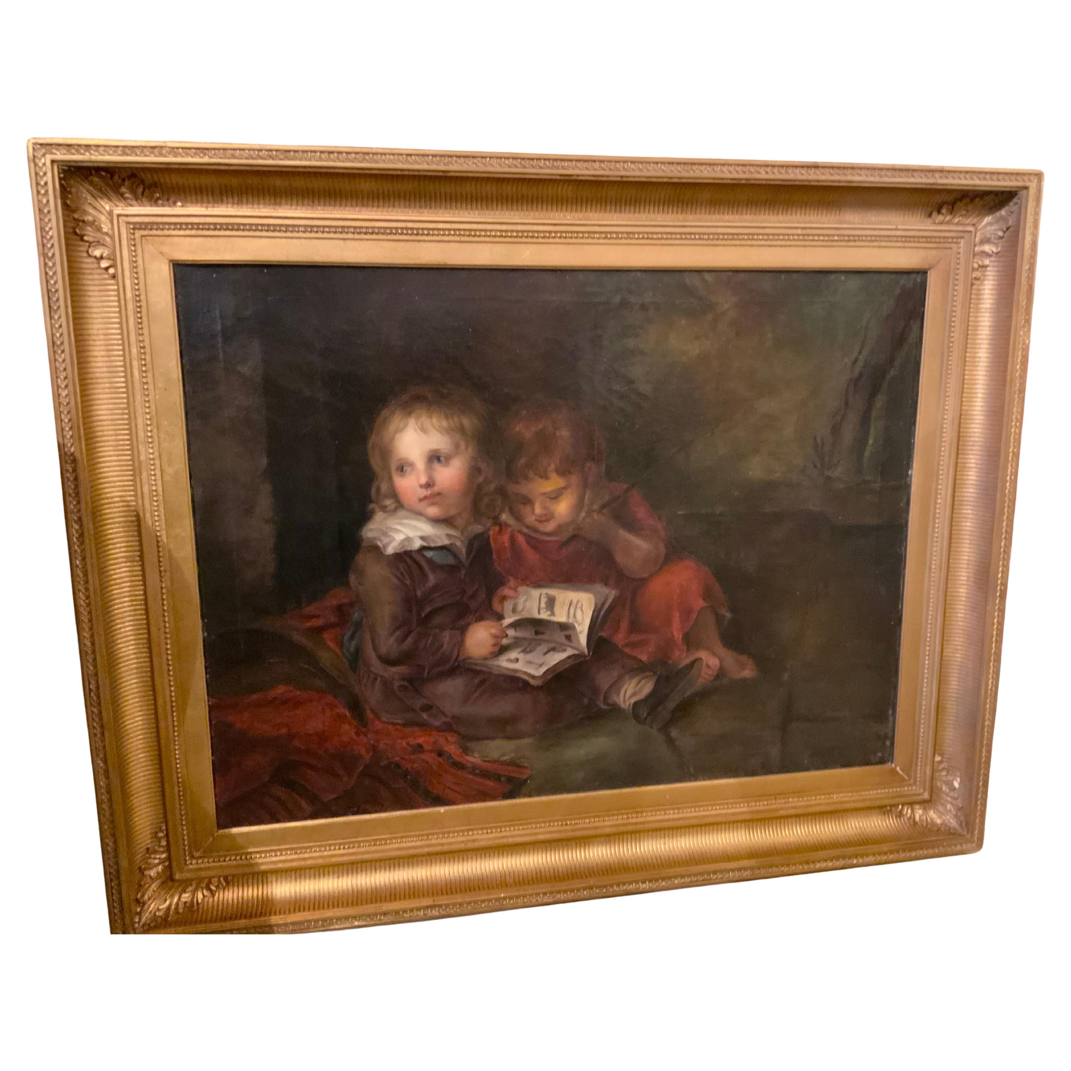 Oil on canvas after Christian Leborechet Vogel of two children reading