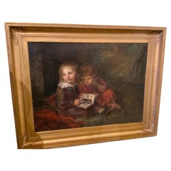 Oil on canvas after Christian Leborechet Vogel of two children reading