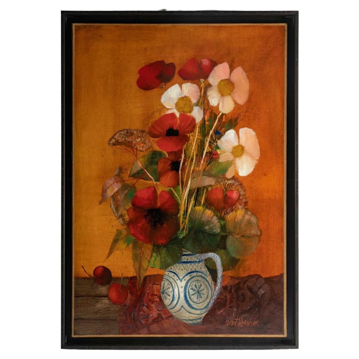 Huile sur toile - Albert Deman - Nature morte sur fond rouge - 20ème siècle en vente