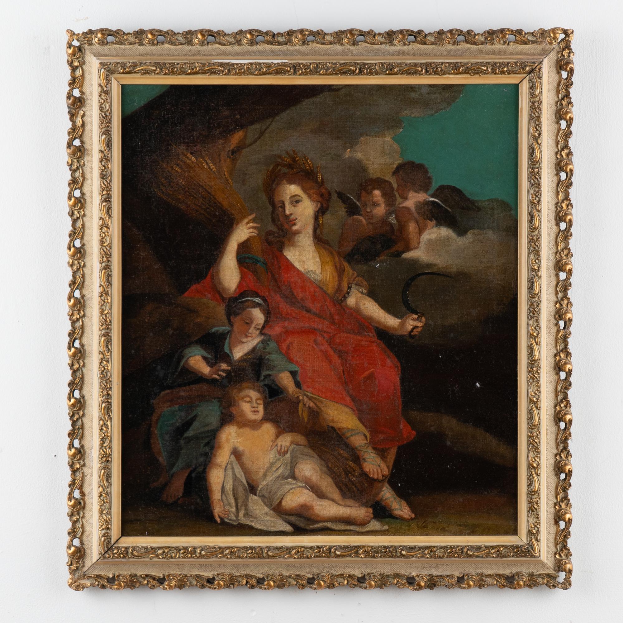 Original Öl auf Leinwand, allegorisches Gemälde der Ernte, dargestellt von Demeter, Göttin des Ackerbaus mit Garbe und Sense.  Nicht signiert.
Maler unbekannt, 18. Jahrhundert Italienische Schule.
Zustand: Leichte Risse und Abschälungen.