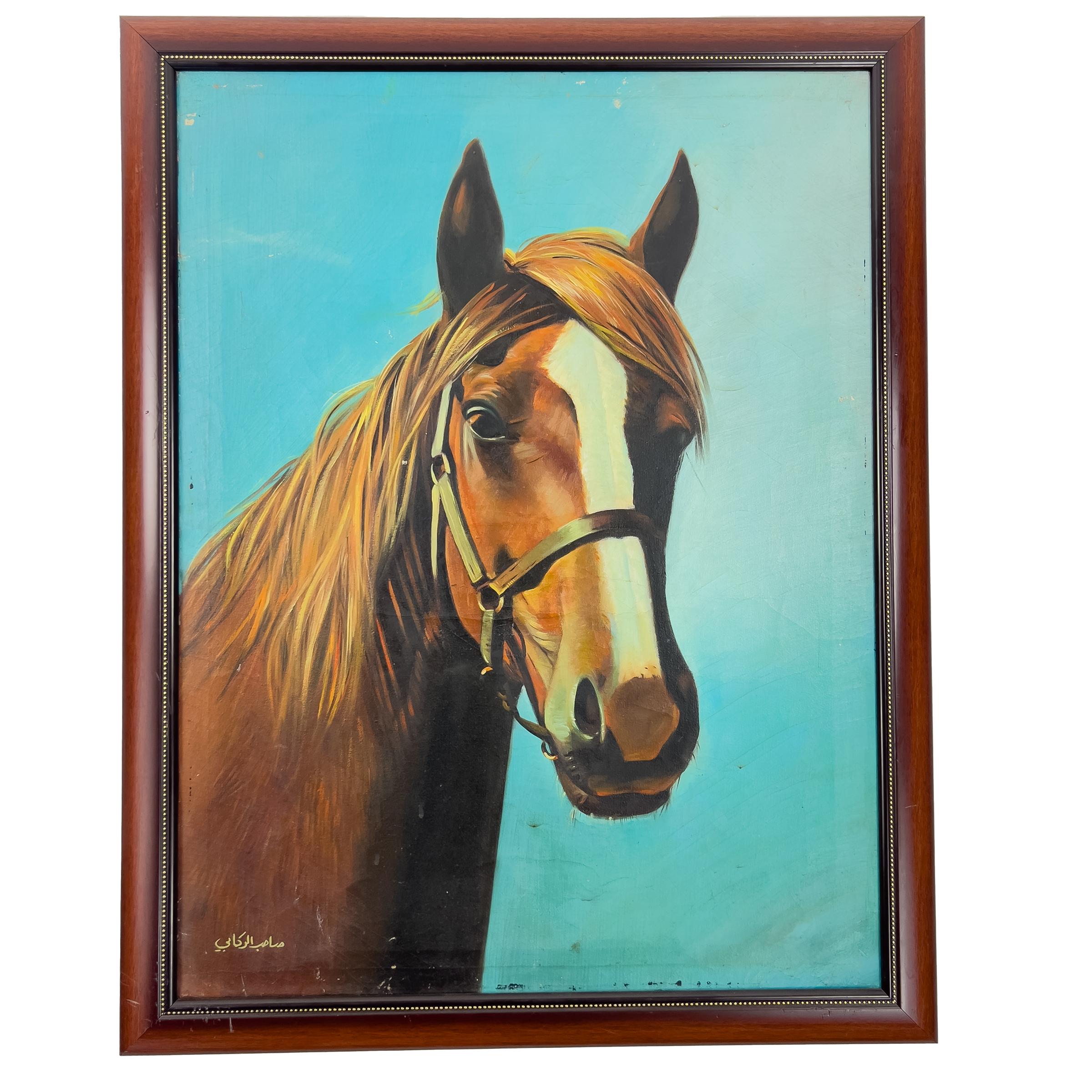 A fine Arabian horse painting on a sky blue background signed lower left, Circa 1970 - 80. 

Dimensions: H: 88cm, W: 79cm.

Canvas: H: 79cm, W: 60cm.