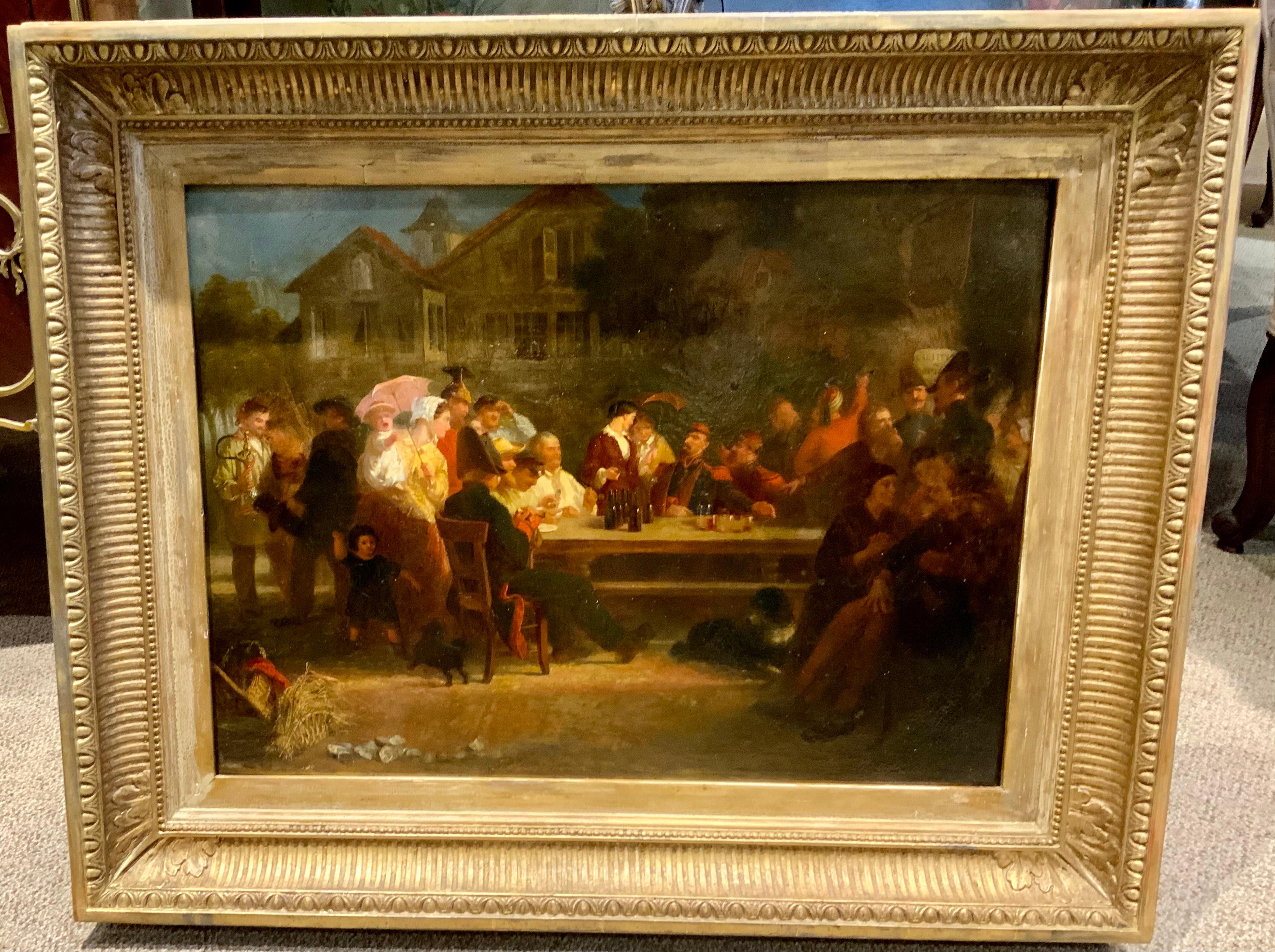 This original oil on canvas is attributed to Joseph Morgan
In Austria. 1839-1898. It is totaled “outdoor repast”
No repairs to the canvas and it has the original wood gilt 
Heavily carved frame. The colors are excellent and no repairs 
Have been
