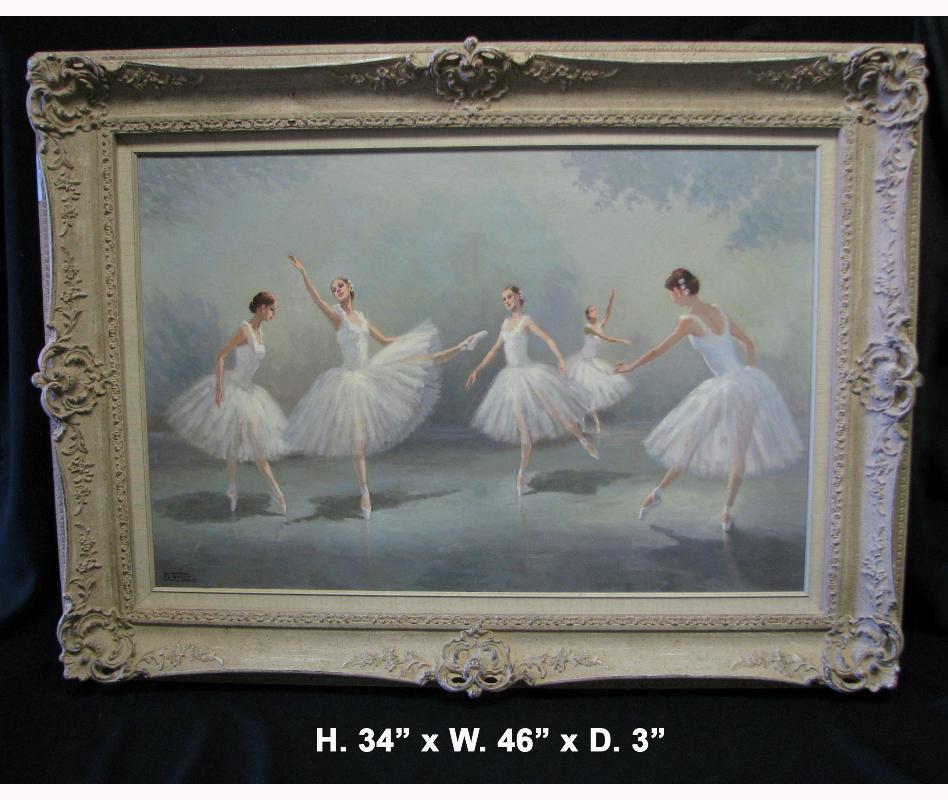 Fine and large oil on canvas painting.
Late 20th century.
An oil on canvas depicting five ballerinas performing with grace. 
Within beautiful white carved wood frame. 

Signed and dated:
