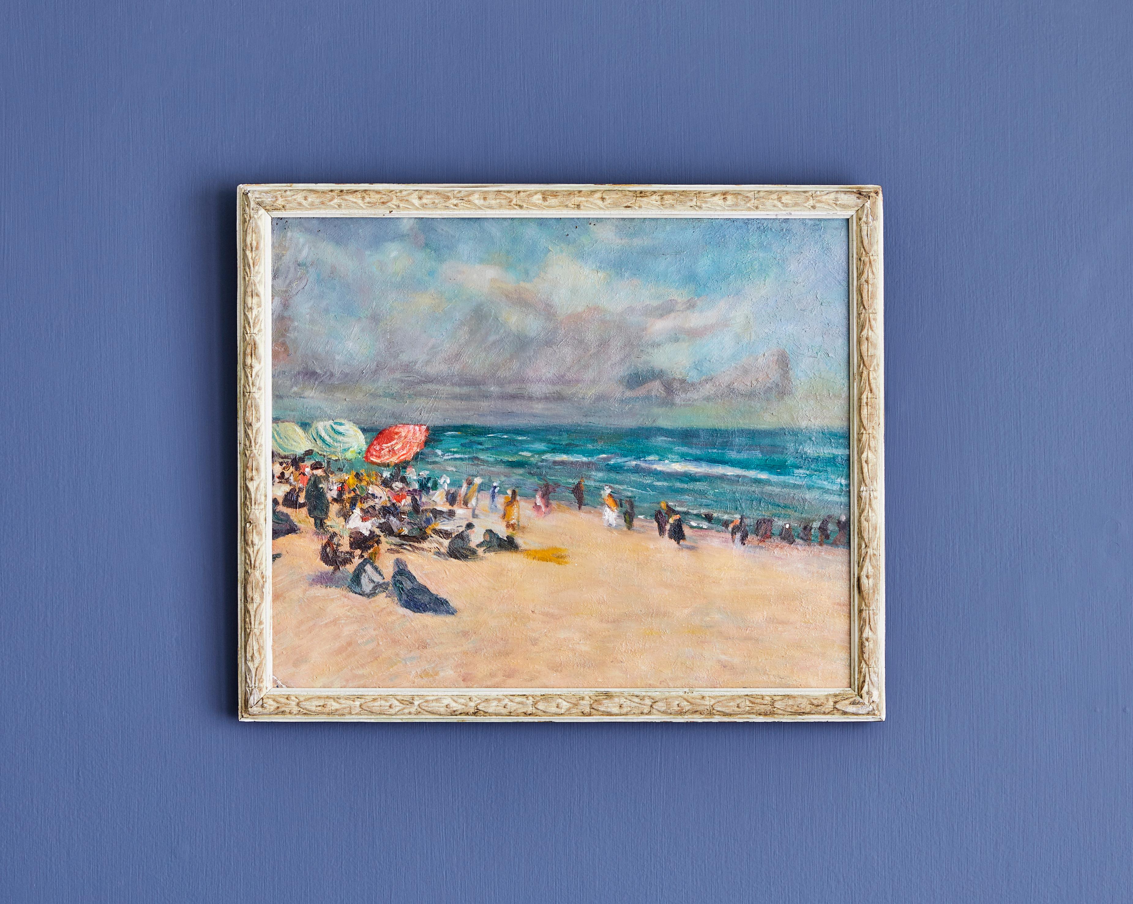 Beautiful beach scene. Oil on canvas. Antique frame. France 19th century.