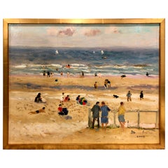 Oil on Canvas Beach Scene Painting by Gaston Sebire