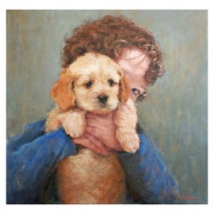 Oil on Canvas "Best Friends" Boy Holding his Dog Scene by Sue Foell