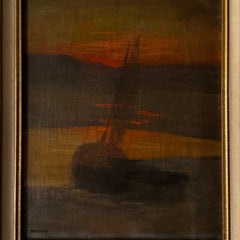 Oil on Canvas – Boat at Sunset by Jean-Yves Couliou – 20th Century