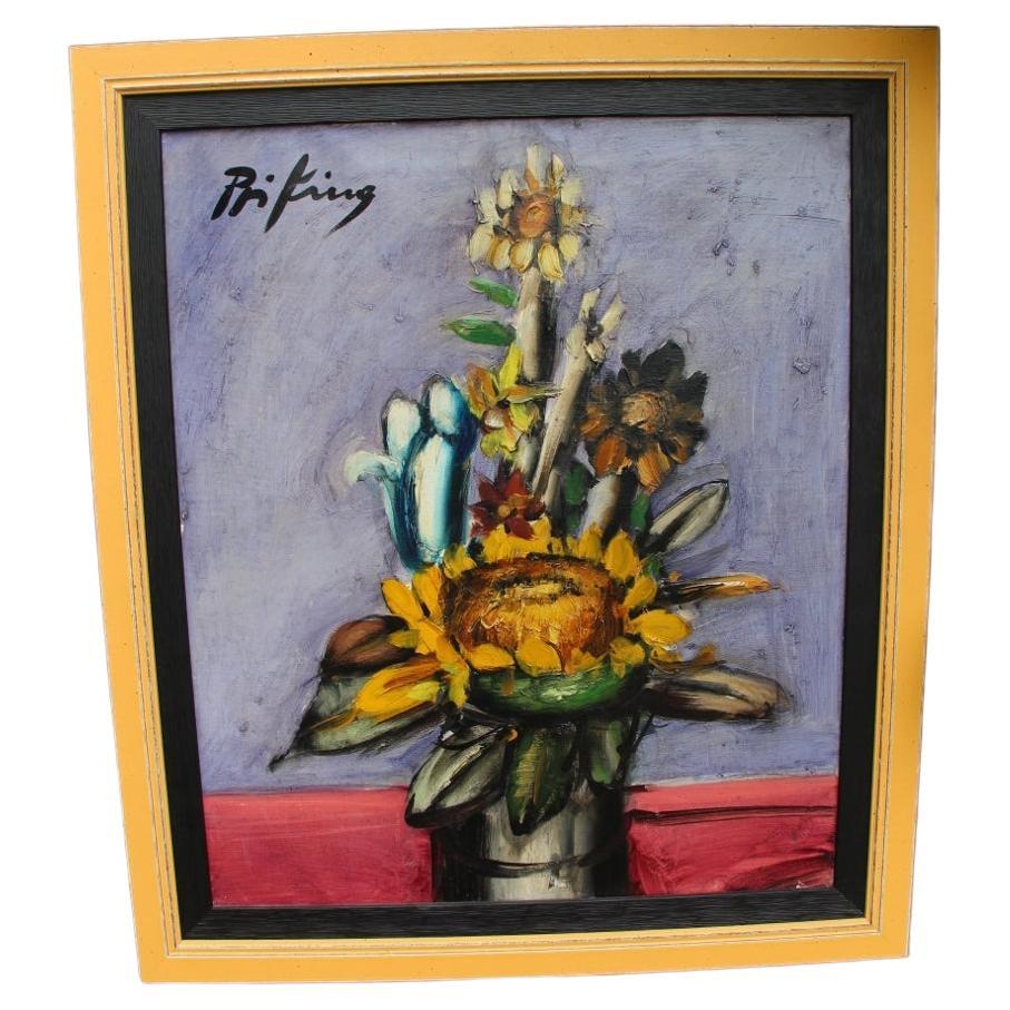 Oil On Canvas "bouquet Of Flowers" Sunflowers By Franz Priking For Sale