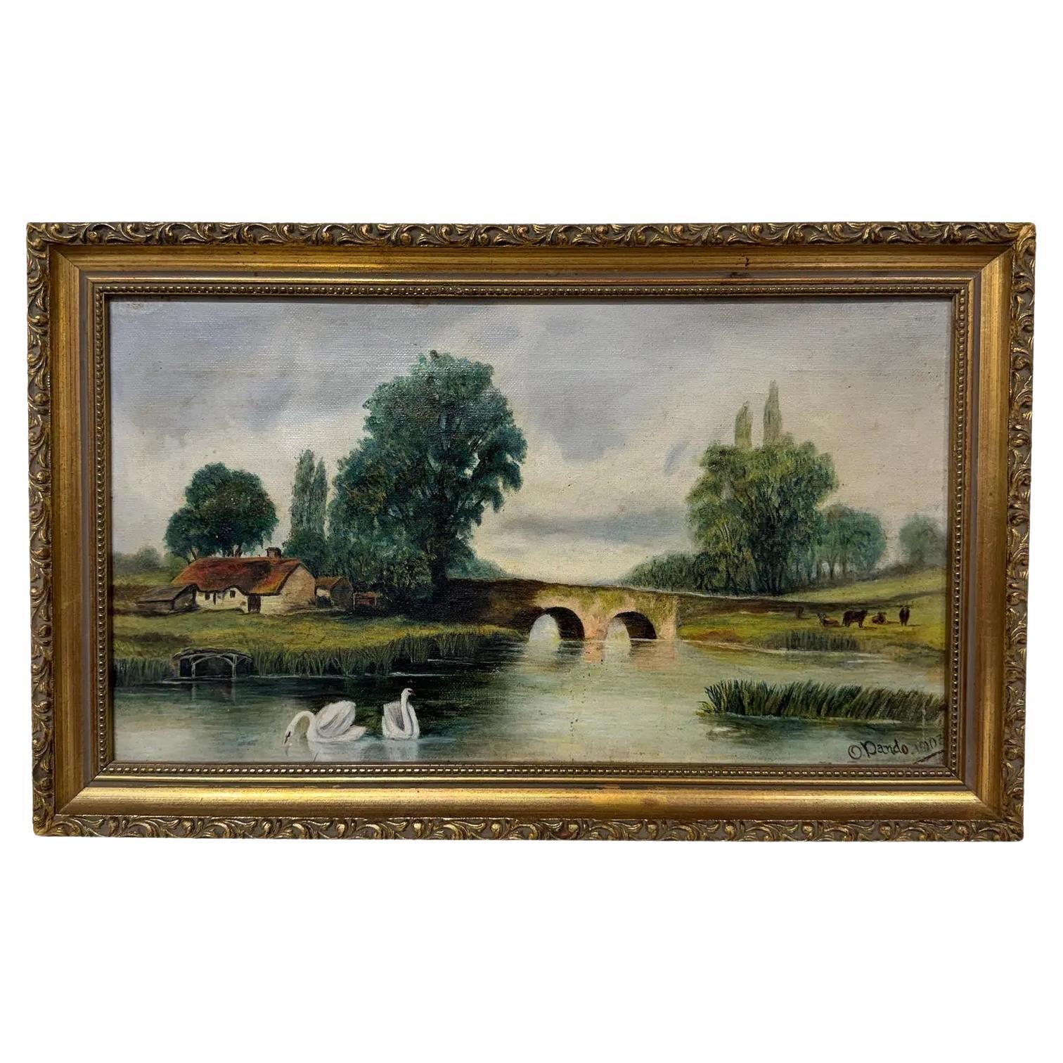 Oil on Canvas Bridge Over Water