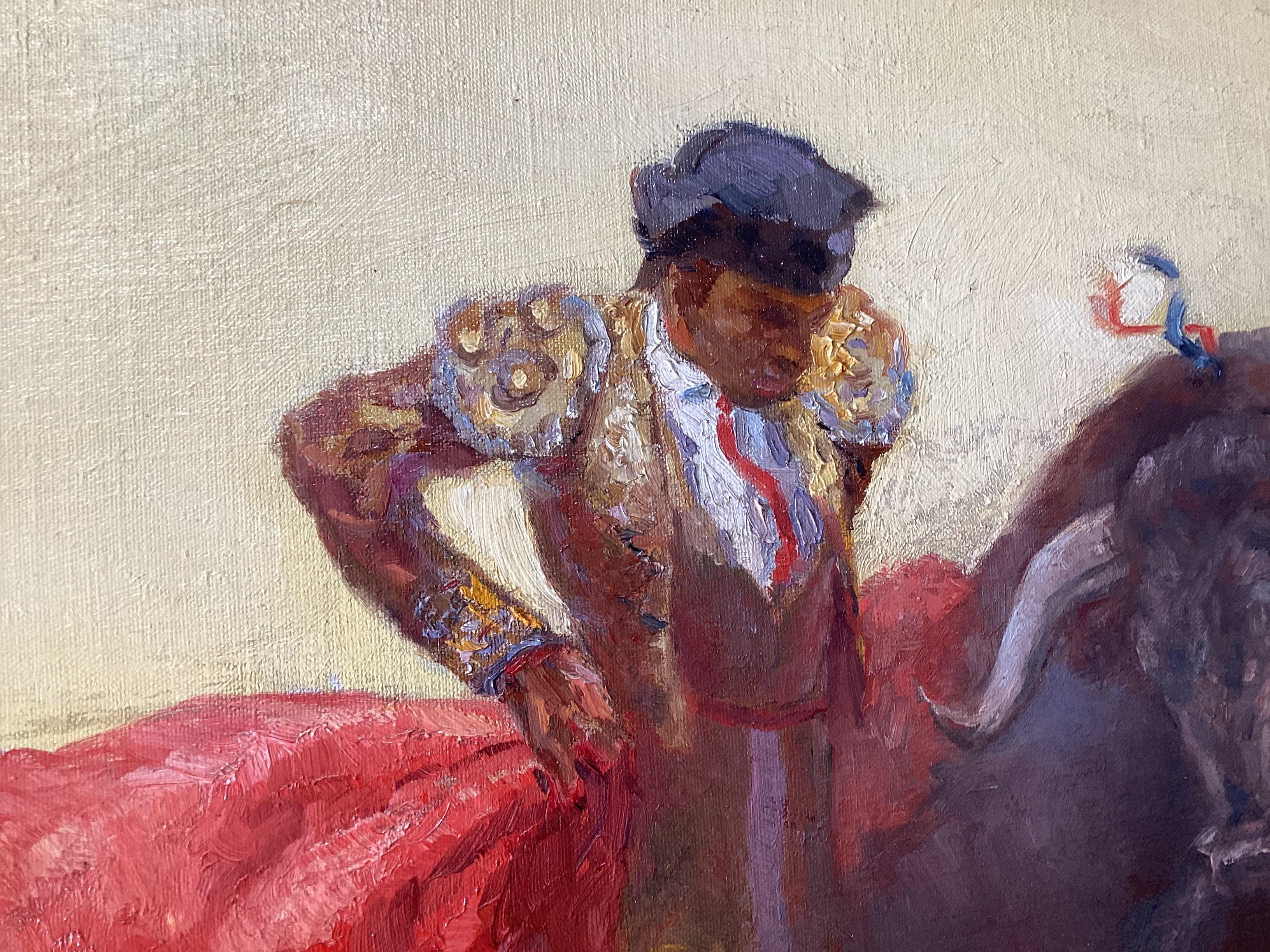 Ölgemälde auf Leinwand „Bullfighting“ von Jose Gonzalez De La Pena (1887-1961) im Zustand „Gut“ im Angebot in Lambertville, NJ