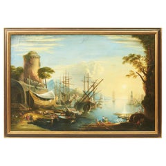 Oil on Canvas, 'Busy Port at Sunrise' In Manner of Claude Vernet, 18th Century