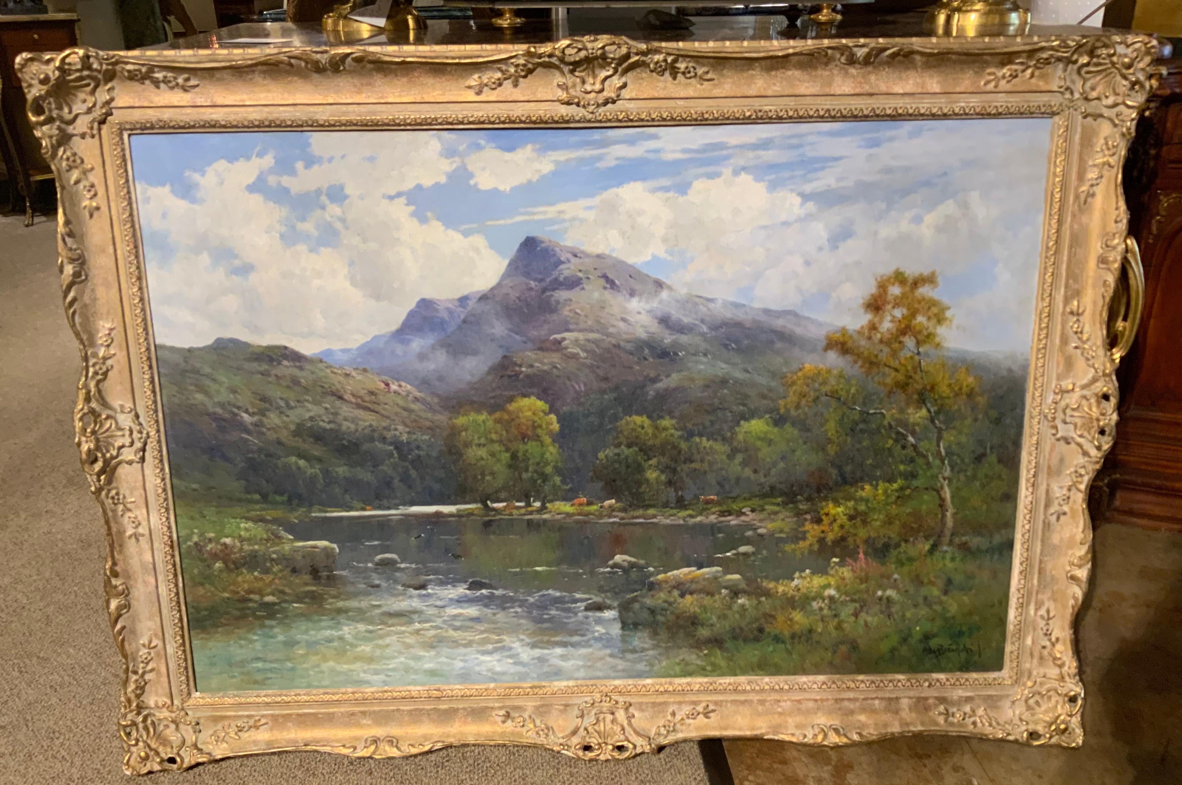 The unique use of color in subtle shades of blue make this
Painting beautiful and pleasing to the eye. It has great depth
Which draws interest deep into the surrounding landscape
Which depicts a river with mountains and at the center cattle.
“In