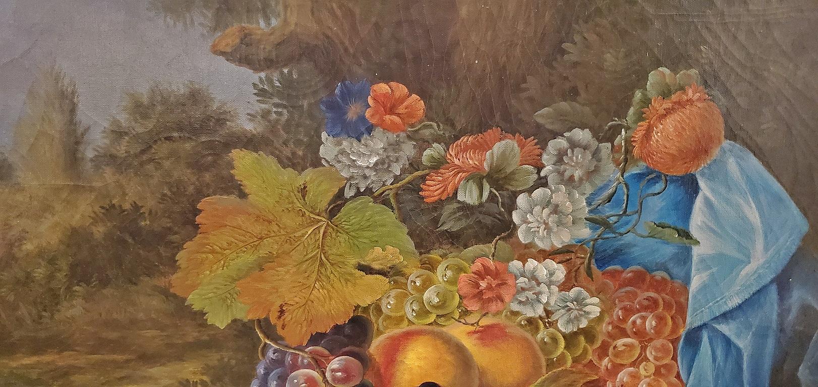 Presenting a large oil on canvas by Bill Heindel of a rabbit and fruit,

20th century.

The portrait depicts a black and white bunny rabbit eating a leaf in a meadow, with trees and skyline in the background and an overflowing basket of various