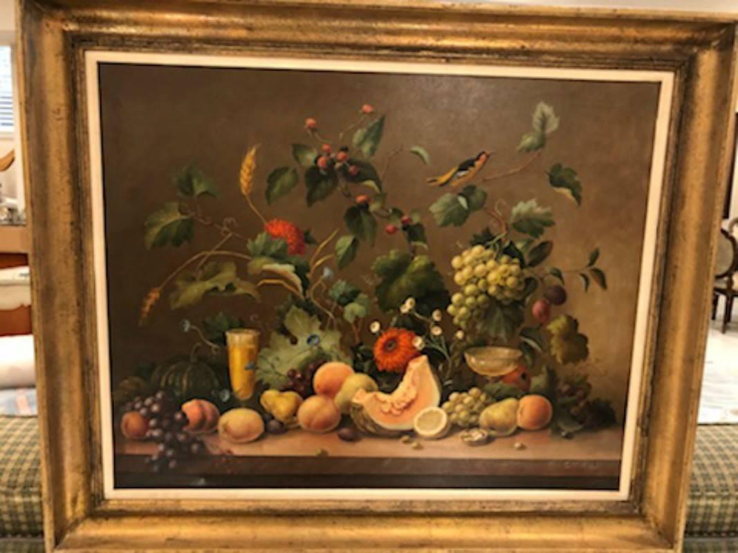 Oil on canvas by Corbe Still Life Painting. This beautiful painting of an urn of flowers and fruit features rich earthy colors and vivid details. The painting is signed 