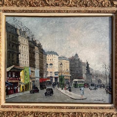 Huile sur toile d'Émile Saudemont, Boulevard parisien, cadre cérusé, 1947