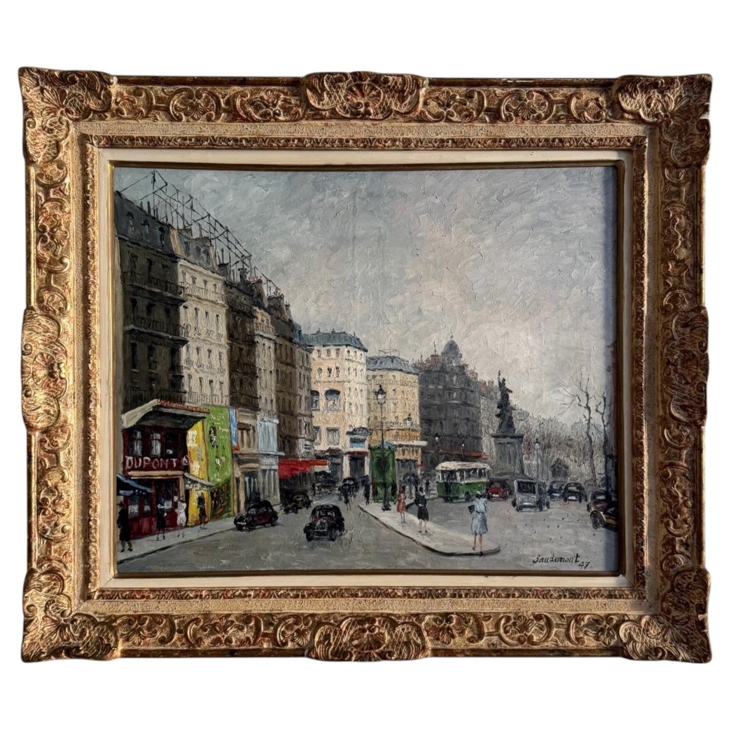 Oil on Canvas by Émile Saudemont, Parisian Boulevard, Cerused Frame, 1947 For Sale