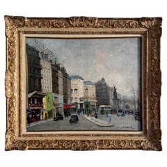 Huile sur toile d'Émile Saudemont, Boulevard parisien, cadre cérusé, 1947