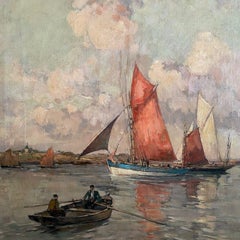 Huile sur toile d'Ernest Vauthrin (1878-1949) - Bateaux en Bretagne