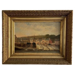 Huile sur toile de F. Lemoine, Port de Nantes, fin du XIXe siècle, cadre en stuc
