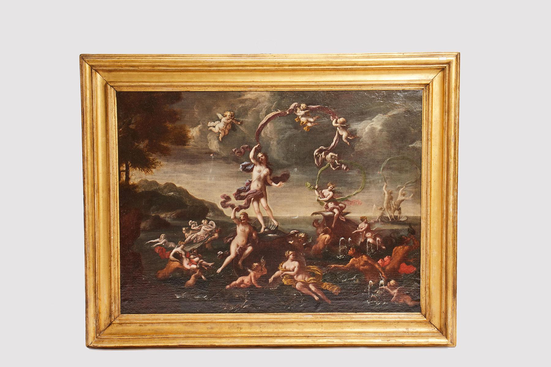 Dipinto dell'inizio del XVIII secolo di Francesco Perezzoli, raffigurante la nascita di Venere. Olio su tela. Cornice originale in legno di gilda.  Italia circa 1700.