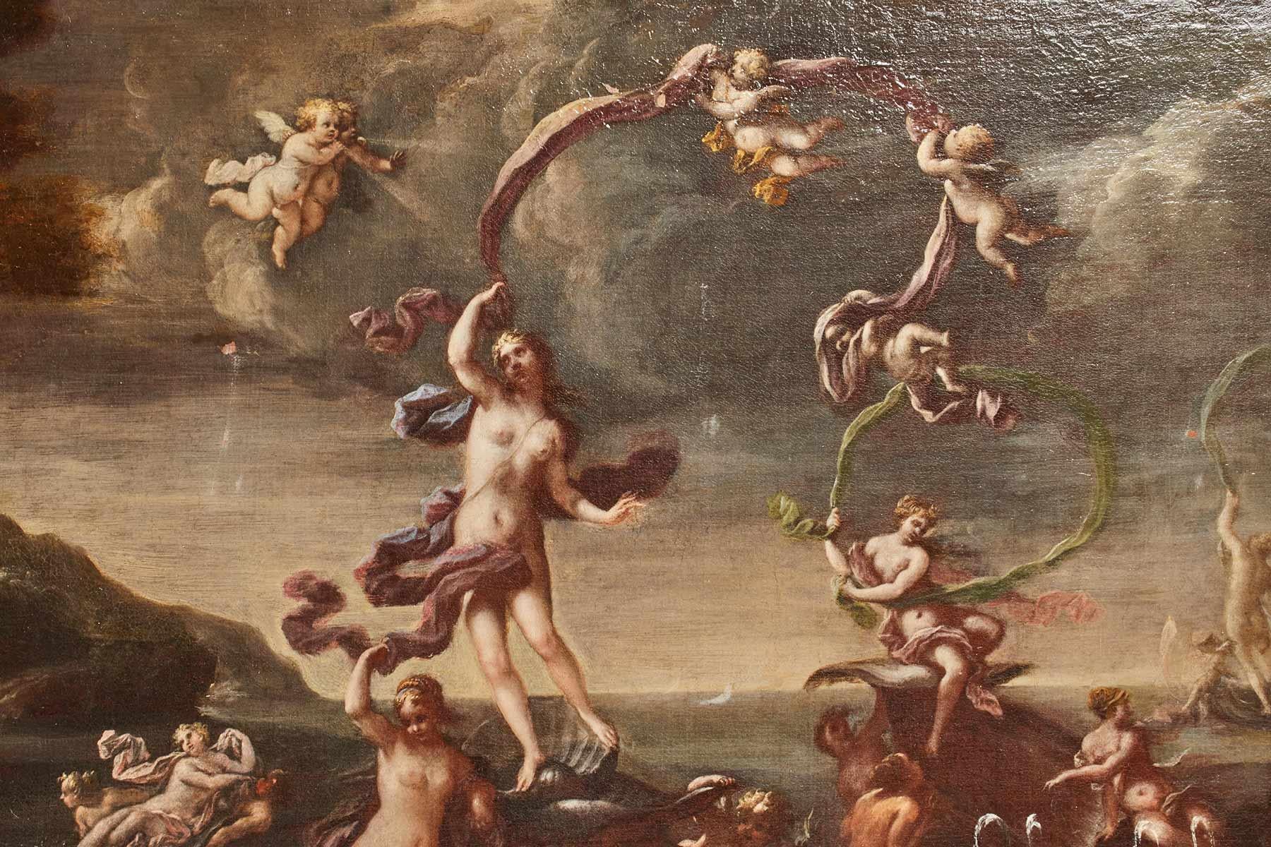 Italian Oil on canvas by Francesco Perezzoli: the birth of Venus, Italy 1700.  For Sale