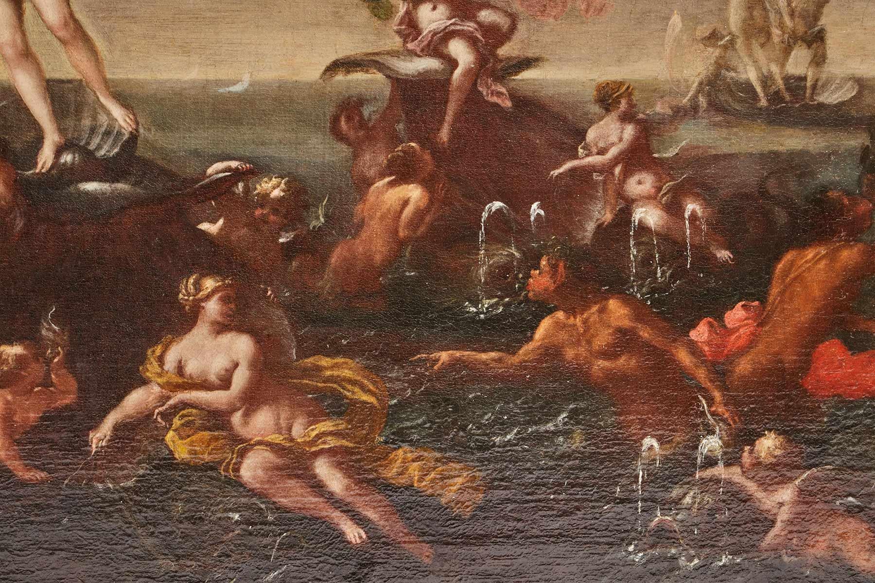 Oil on canvas by Francesco Perezzoli: the birth of Venus, Italy 1700.  In Excellent Condition For Sale In Milan, IT